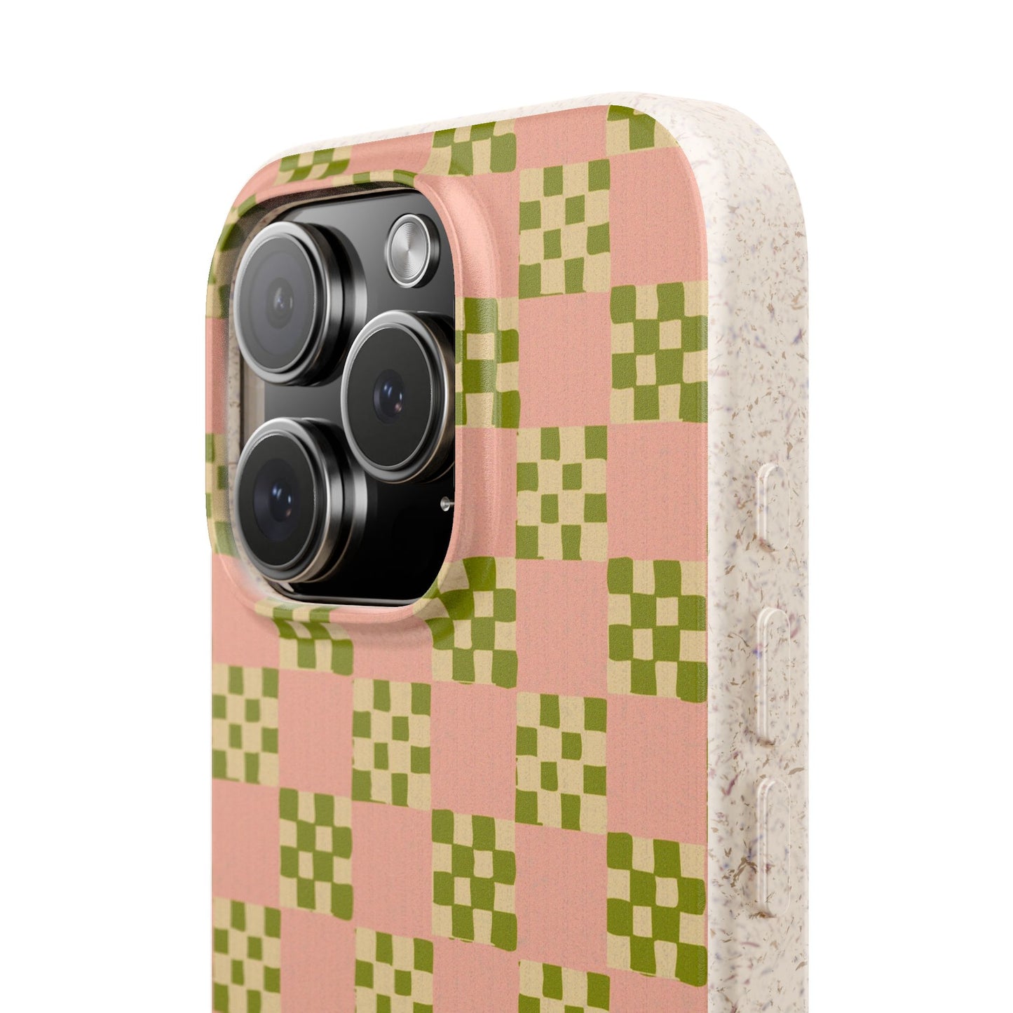 Checkered Quilt Phone Case - pink, olive green and light beige - Eco-Friendly, Biodegradable