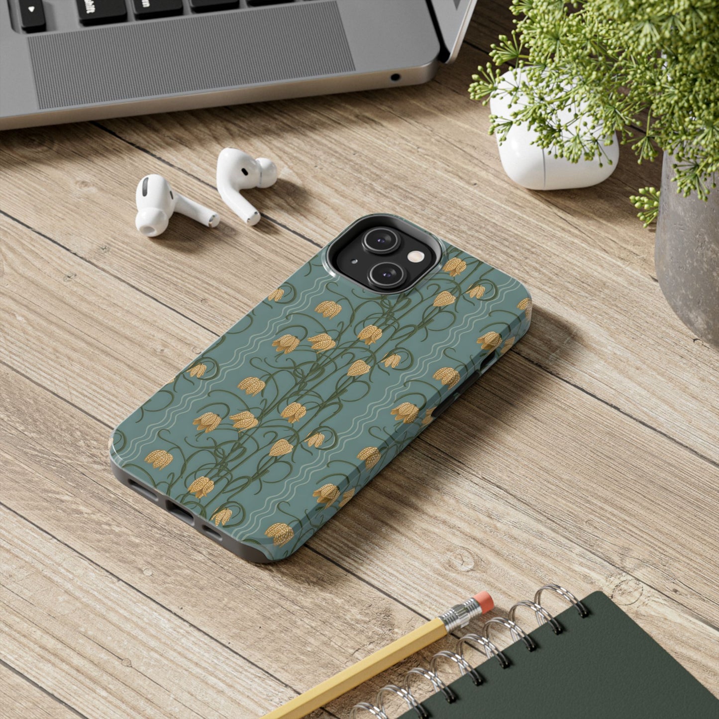 Campanas Floral Tough Phone Case — Dusty Blue and Marigold Wildflower Protective Cover, Personalizable