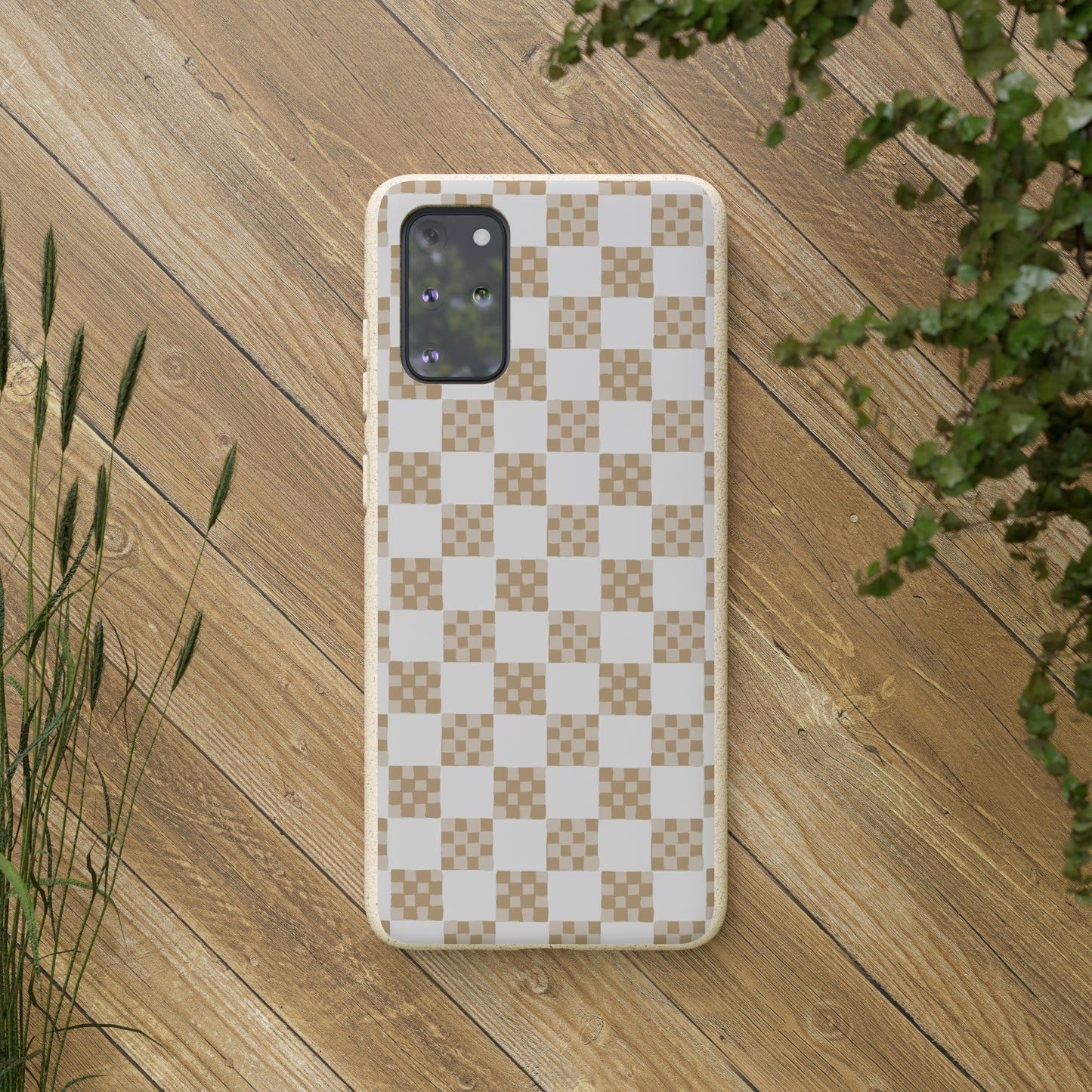 Checkered Quilt Biodegradable Phone Case, tan and white