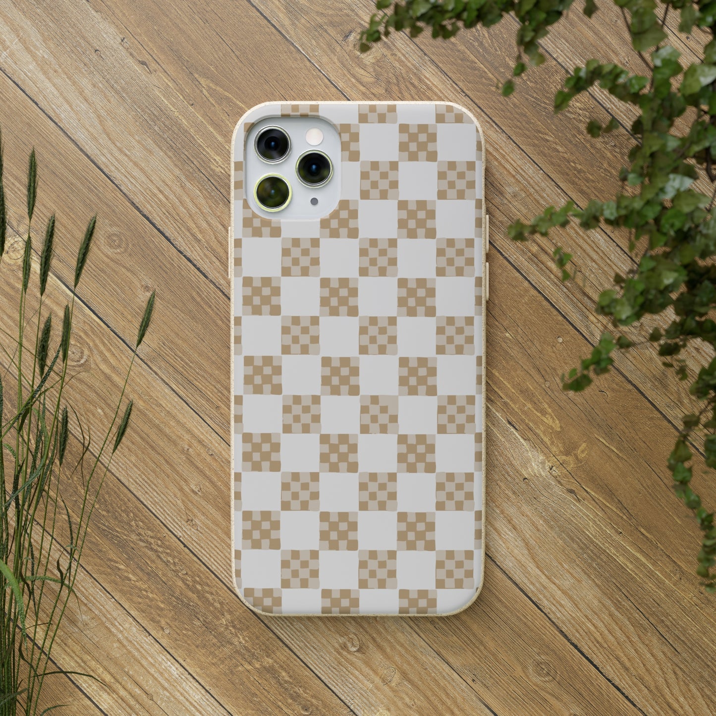 Checkered Quilt Biodegradable Phone Case, tan and white