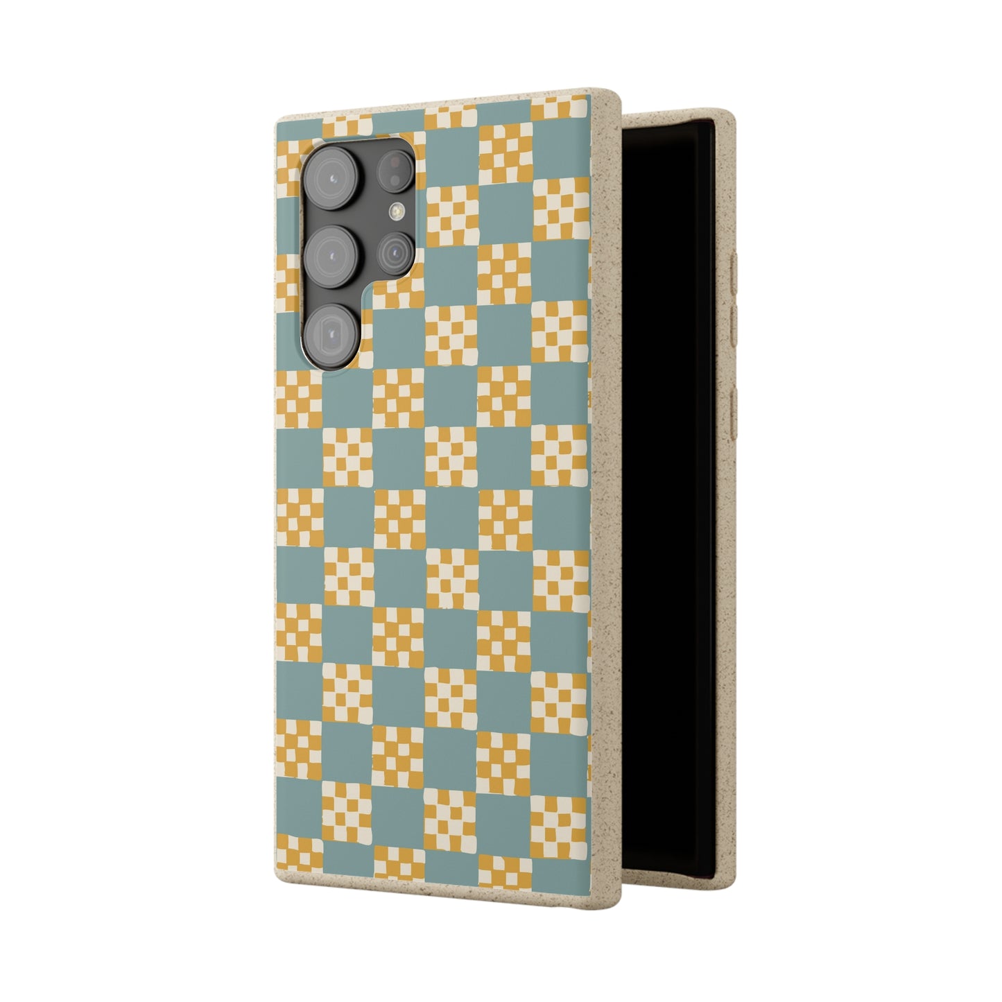 Checkered Quilt Biodegradable Phone Case, light blue and yellow