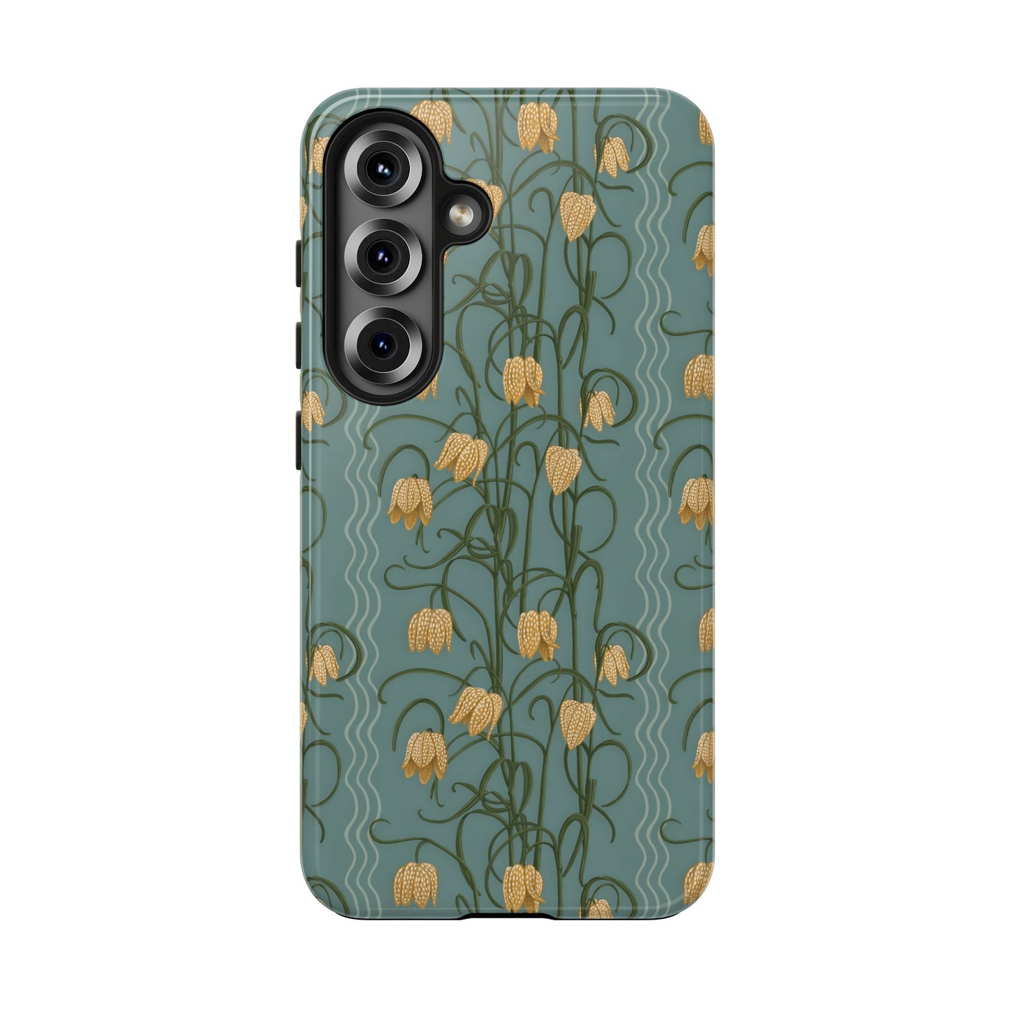Campanas Floral Tough Phone Case — Dusty Blue and Marigold Wildflower Protective Cover, Personalizable