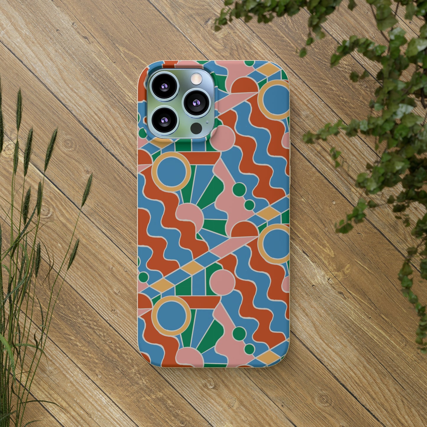 Day Trippin' Biodegradable Phone Case, blue, green, pink and brick red