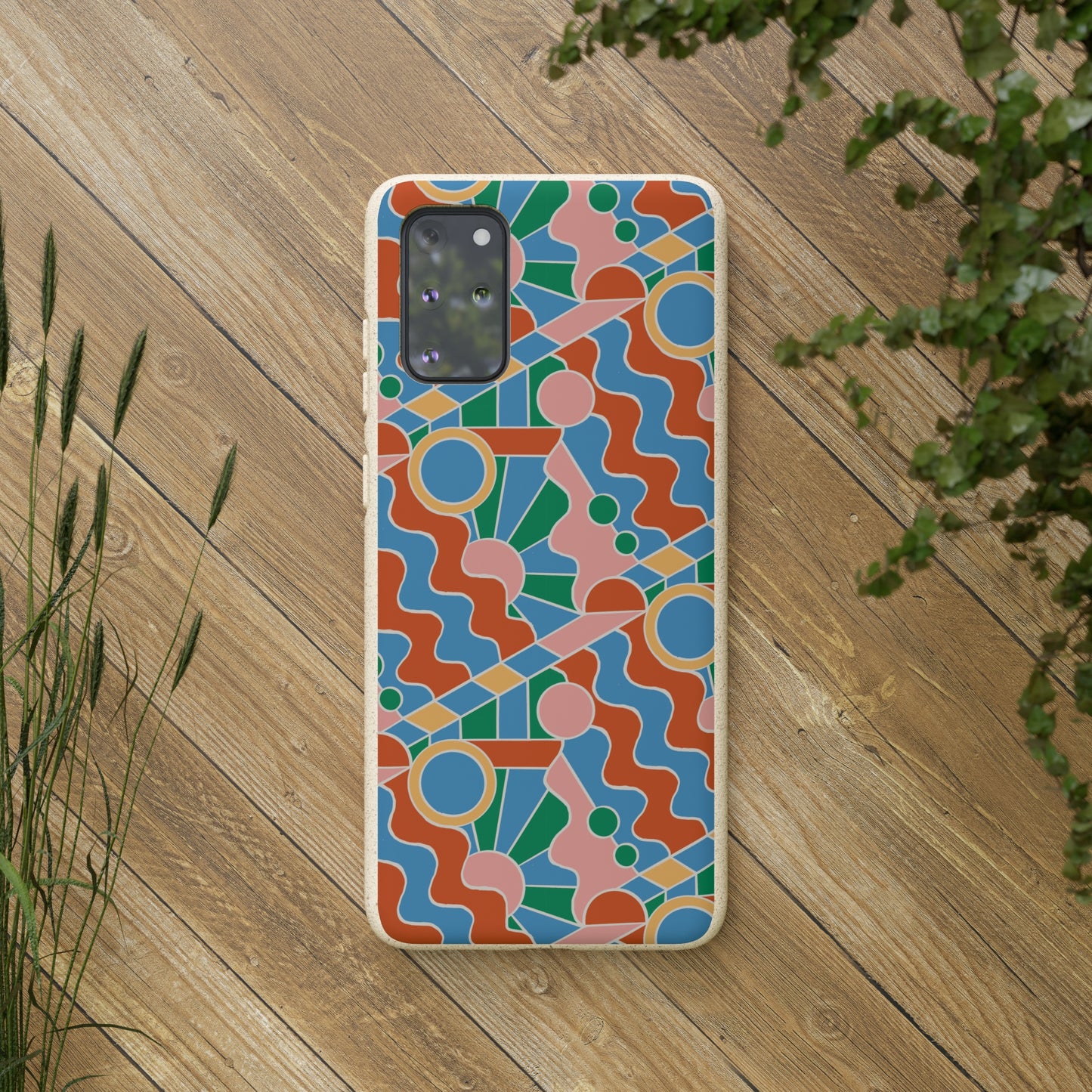 Day Trippin' Biodegradable Phone Case, blue, green, pink and brick red