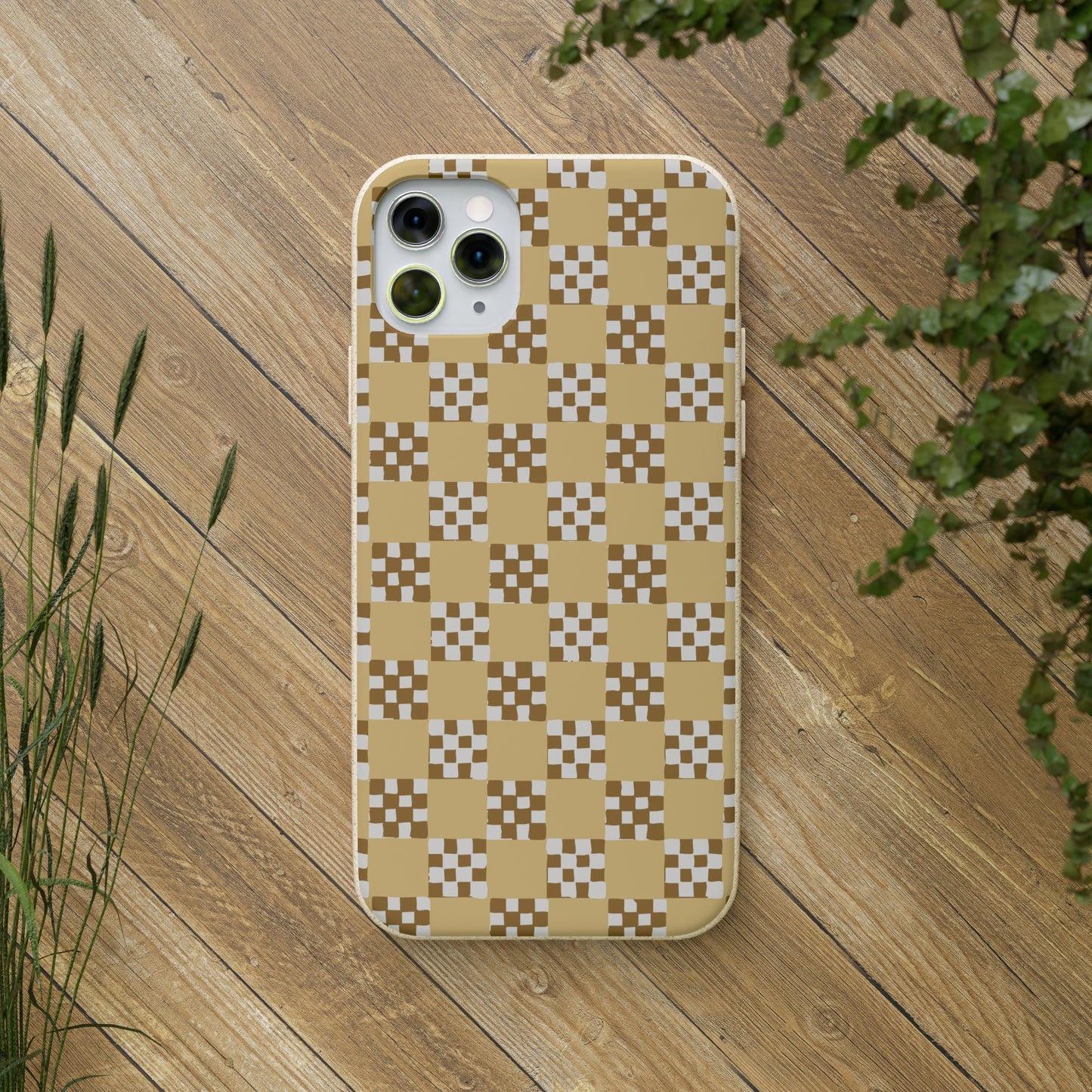 Checkered Quilt Biodegradable Phone Case, butter yellow, white and toffee