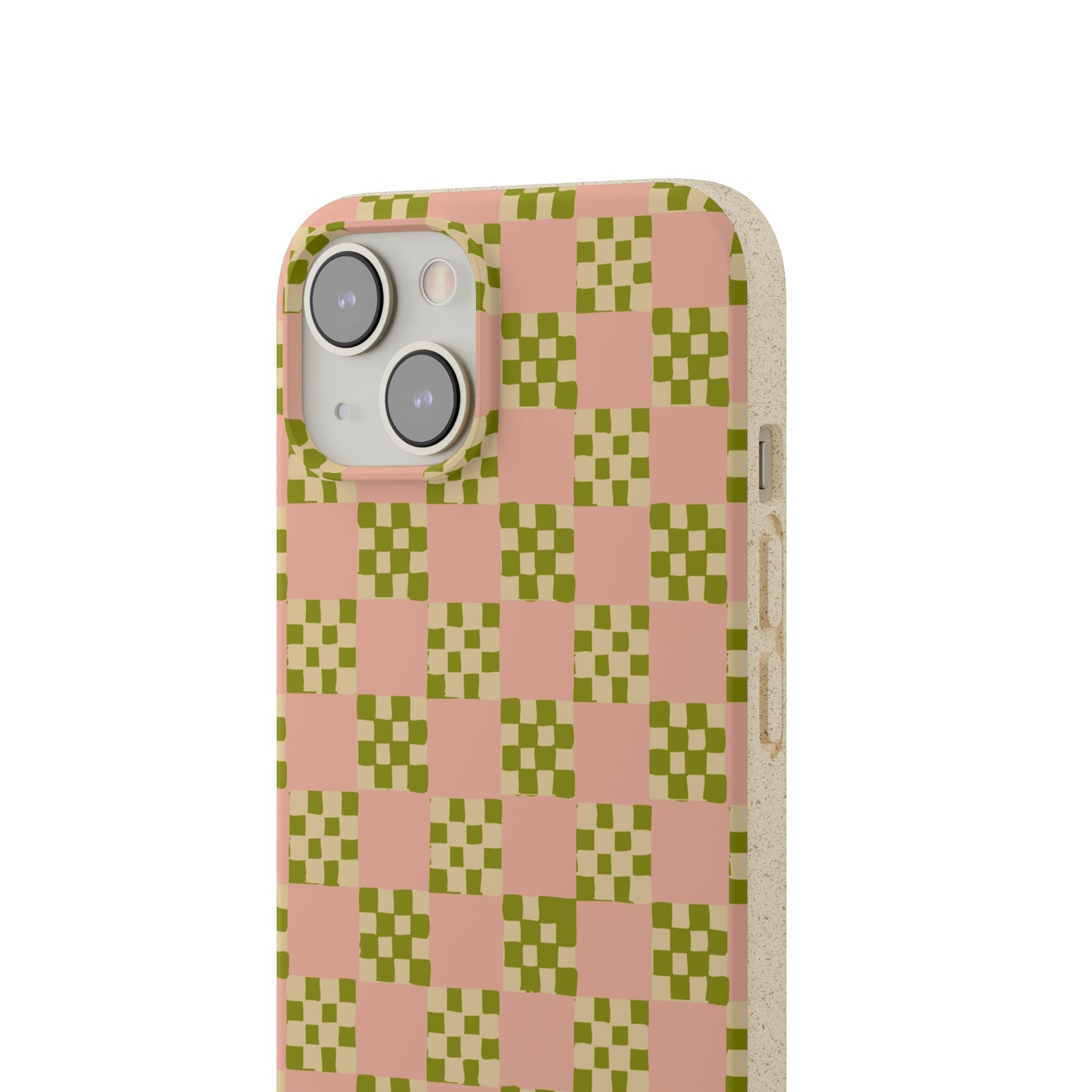 Checkered Quilt Biodegradable Phone Case, pink, olive green and light yellow