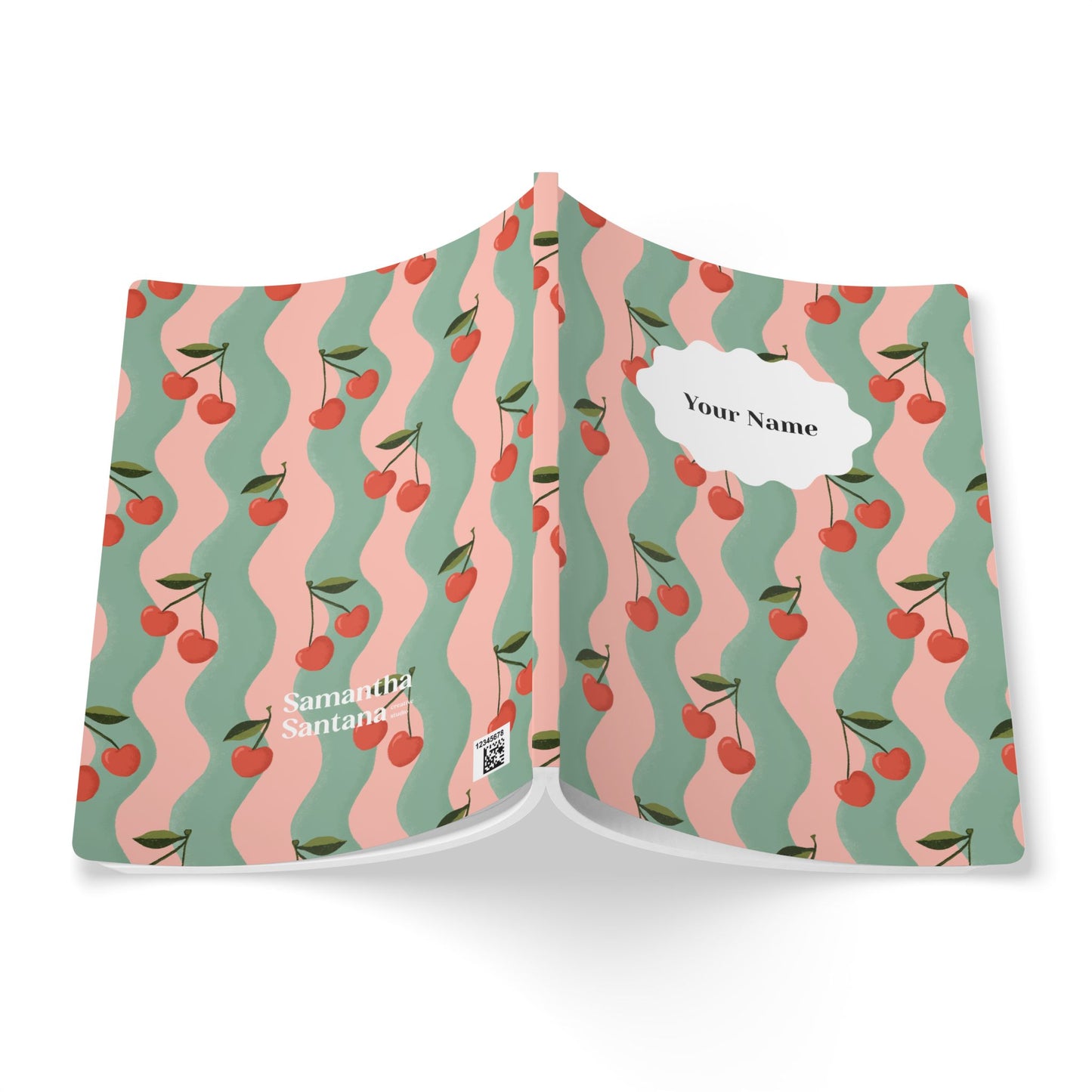 Wavy Cherry Softcover Personalized Journal, pink & teal (add your name)