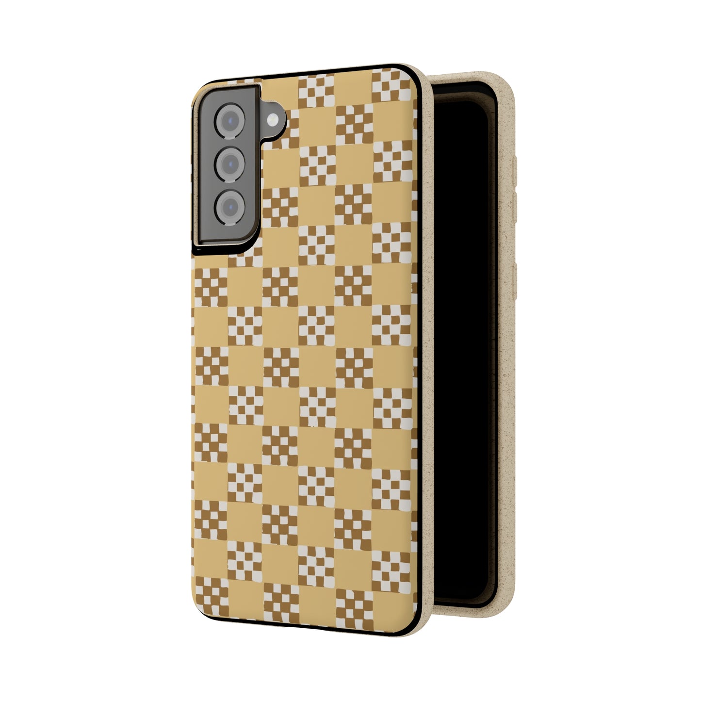 Checkered Quilt Biodegradable Phone Case, butter yellow, white and toffee