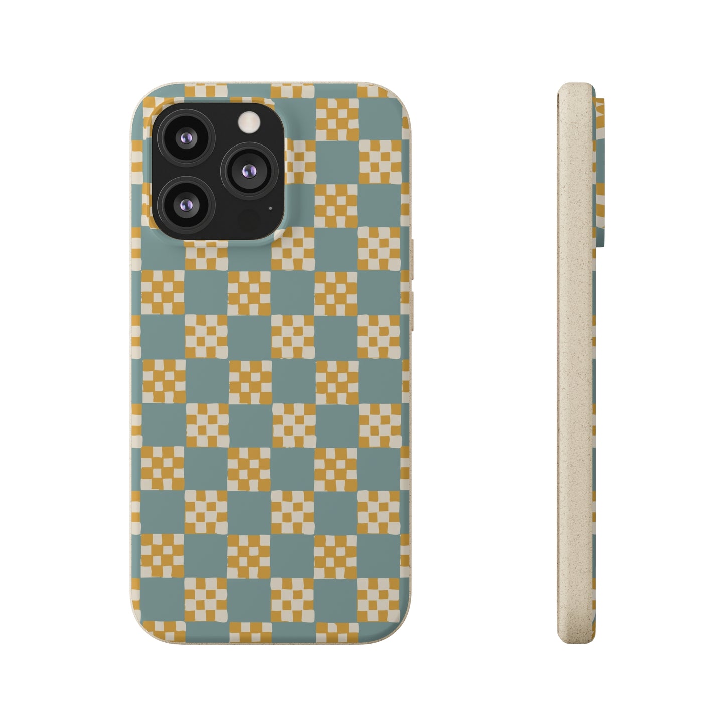 Checkered Quilt Biodegradable Phone Case, light blue and yellow