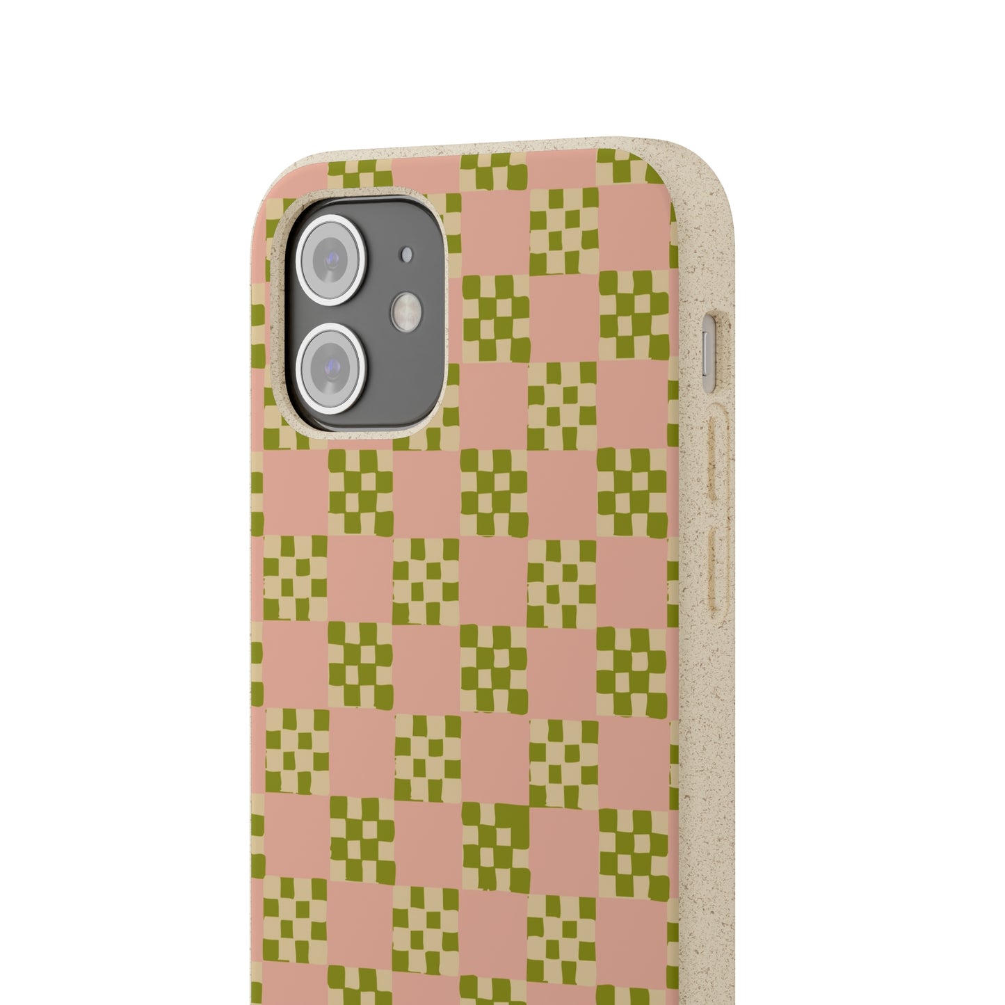 Checkered Quilt Biodegradable Phone Case, pink, olive green and light yellow