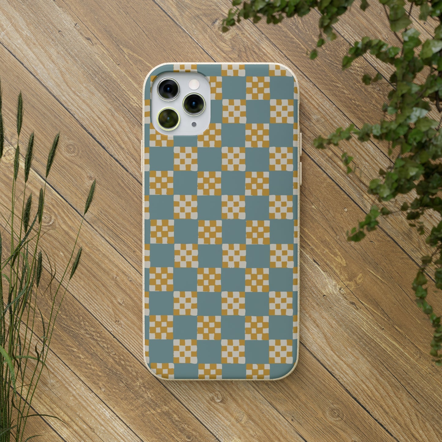 Checkered Quilt Biodegradable Phone Case, light blue and yellow