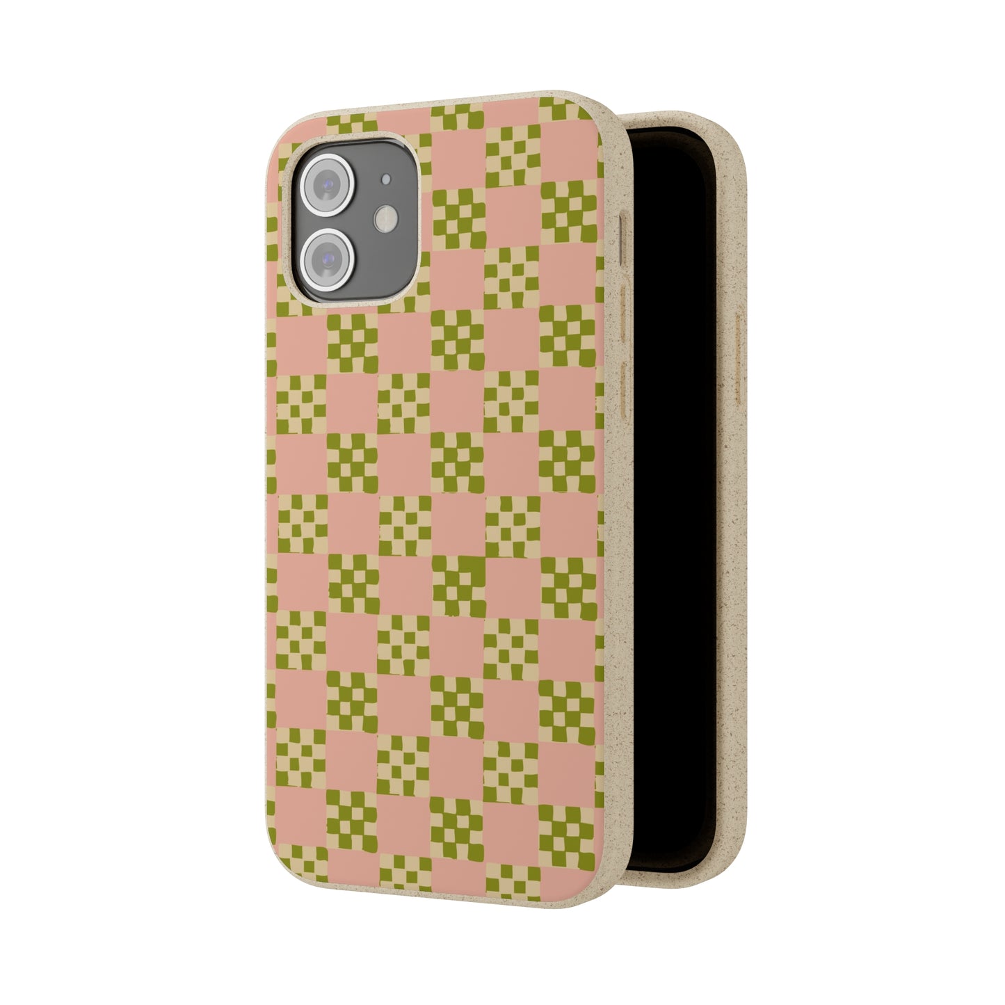 Checkered Quilt Biodegradable Phone Case, pink, olive green and light yellow