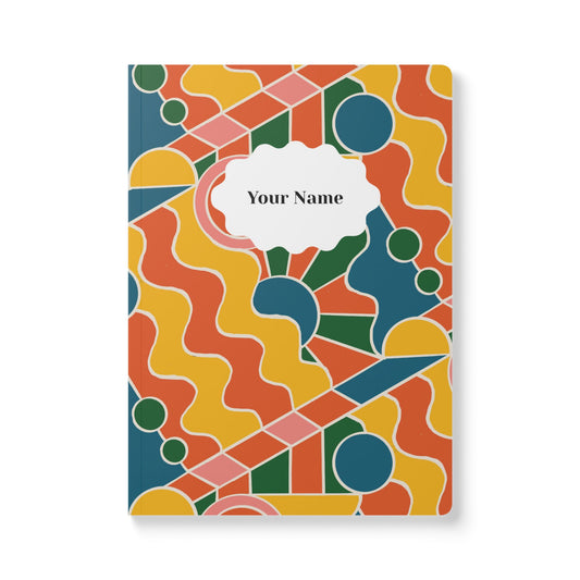 Day Trippin' Softcover Personalized Journal, yellow, orange, pink, blue and green (add your name)