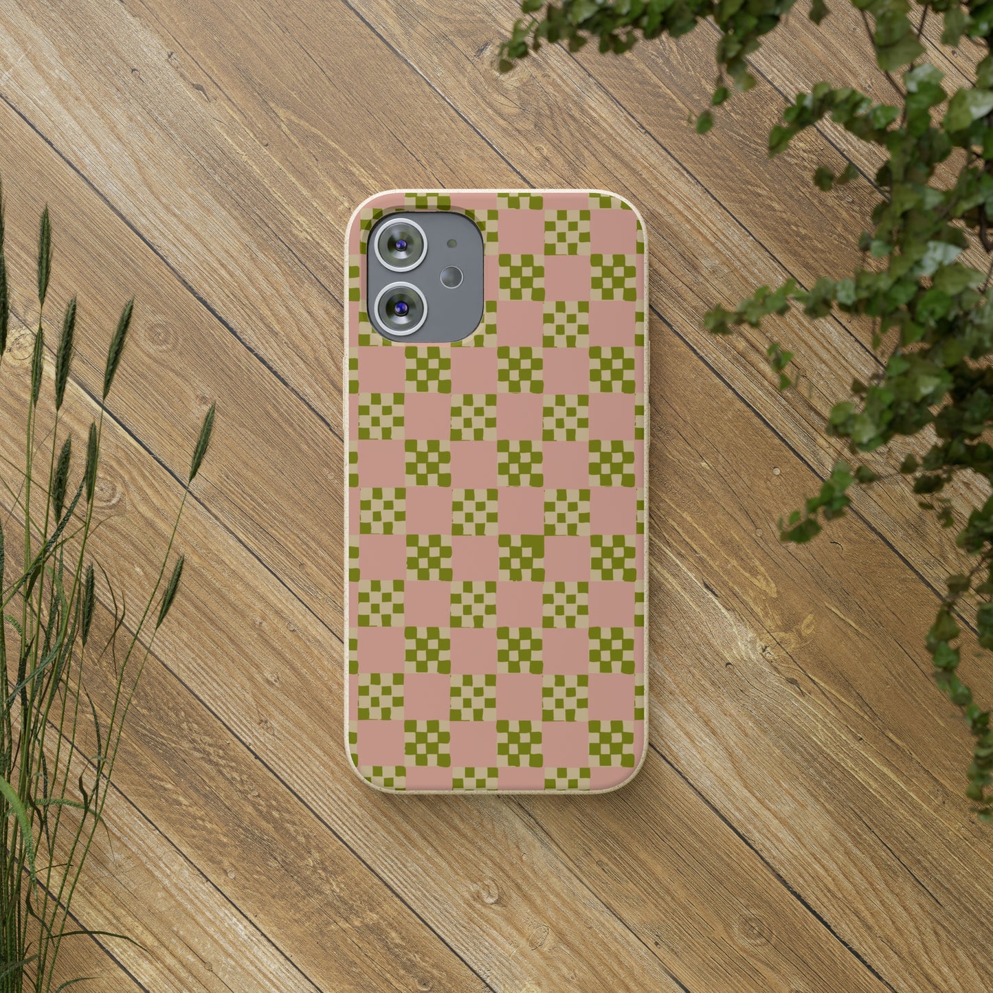 Checkered Quilt Biodegradable Phone Case, pink, olive green and light yellow