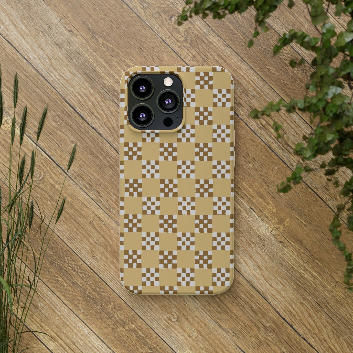 Checkered Quilt Biodegradable Phone Case, butter yellow, white and toffee