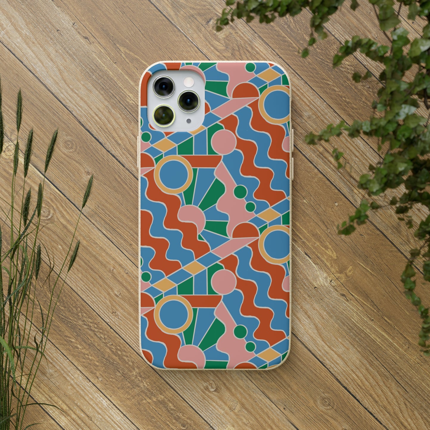 Day Trippin' Biodegradable Phone Case, blue, green, pink and brick red