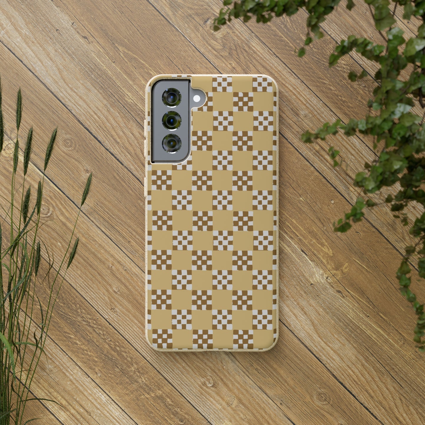 Checkered Quilt Biodegradable Phone Case, butter yellow, white and toffee