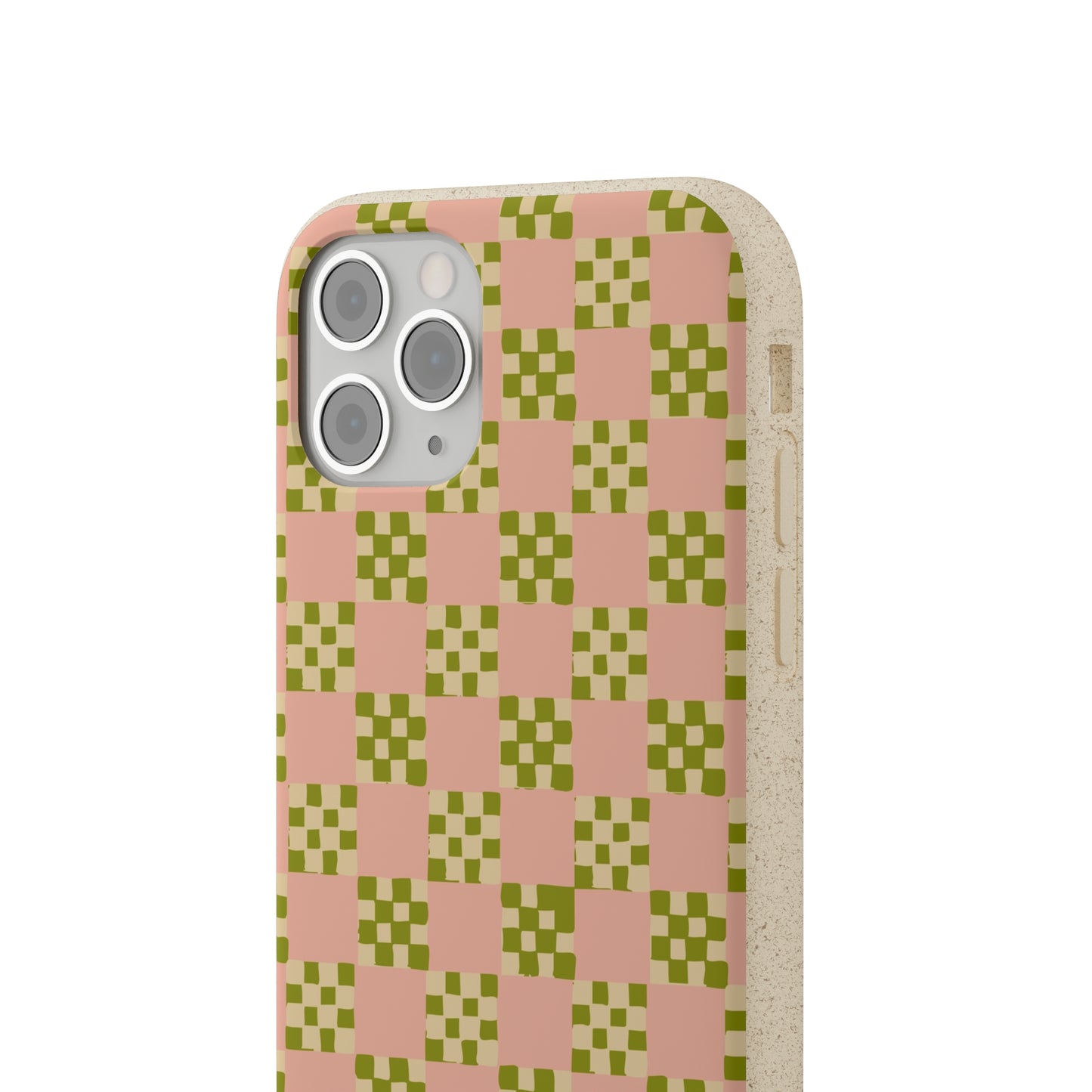 Checkered Quilt Biodegradable Phone Case, pink, olive green and light yellow