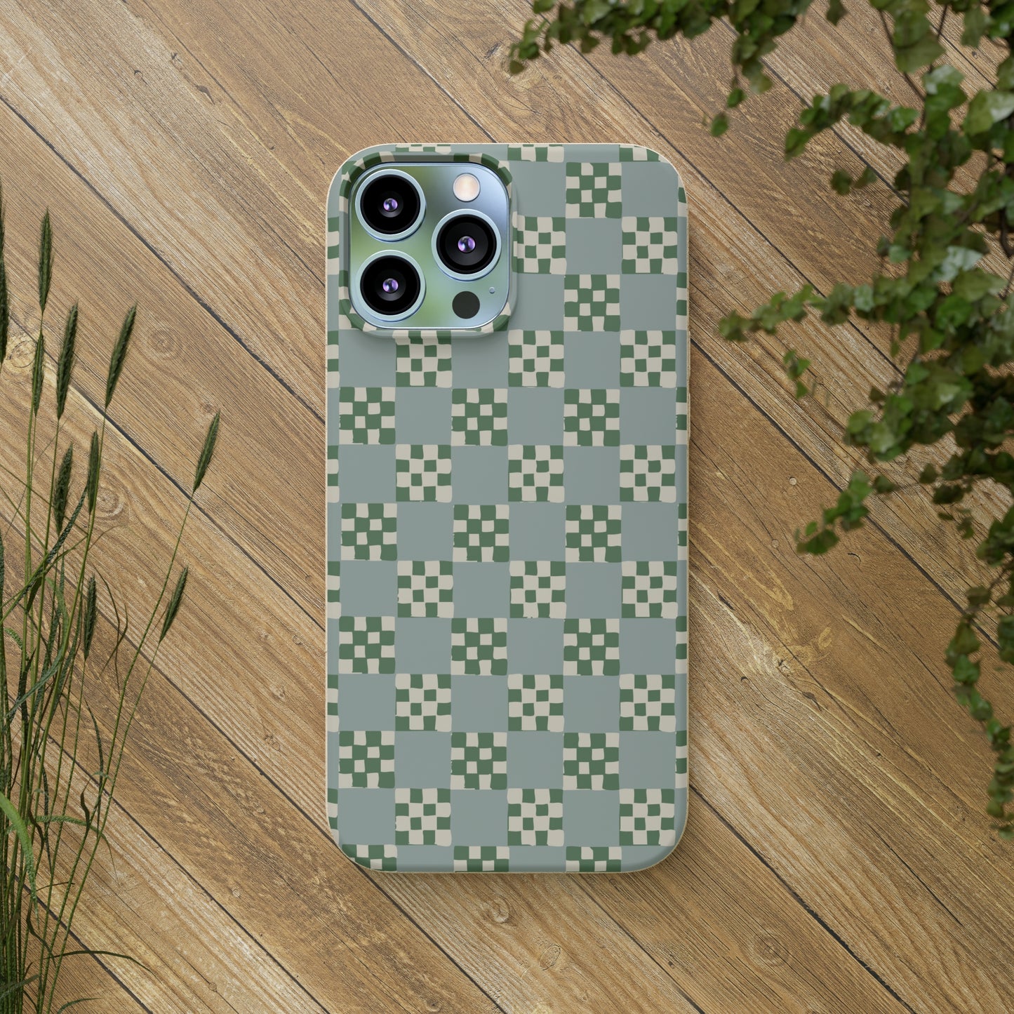 Checkered Quilt Biodegradable Phone Case, mint and green