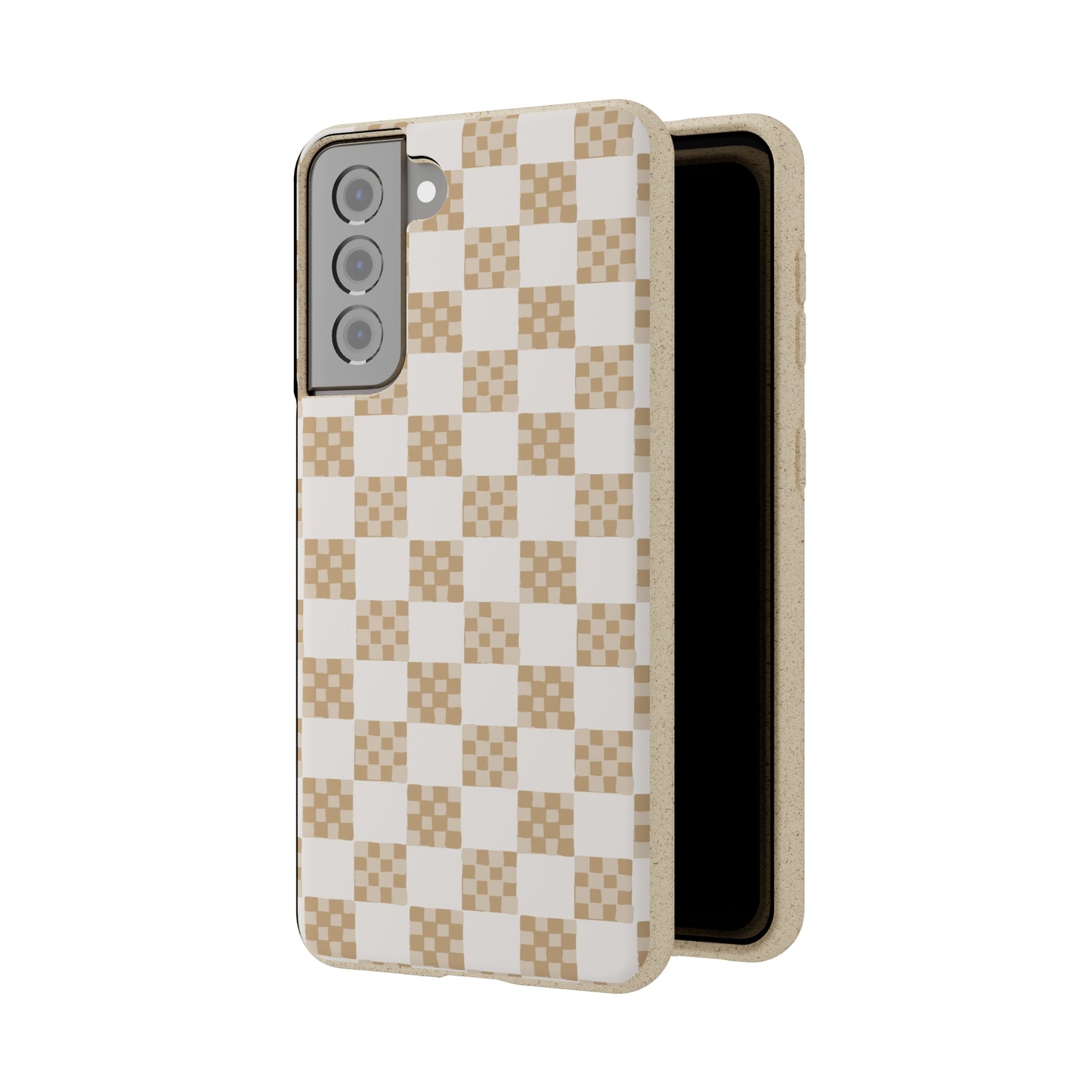 Checkered Quilt Biodegradable Phone Case, tan and white