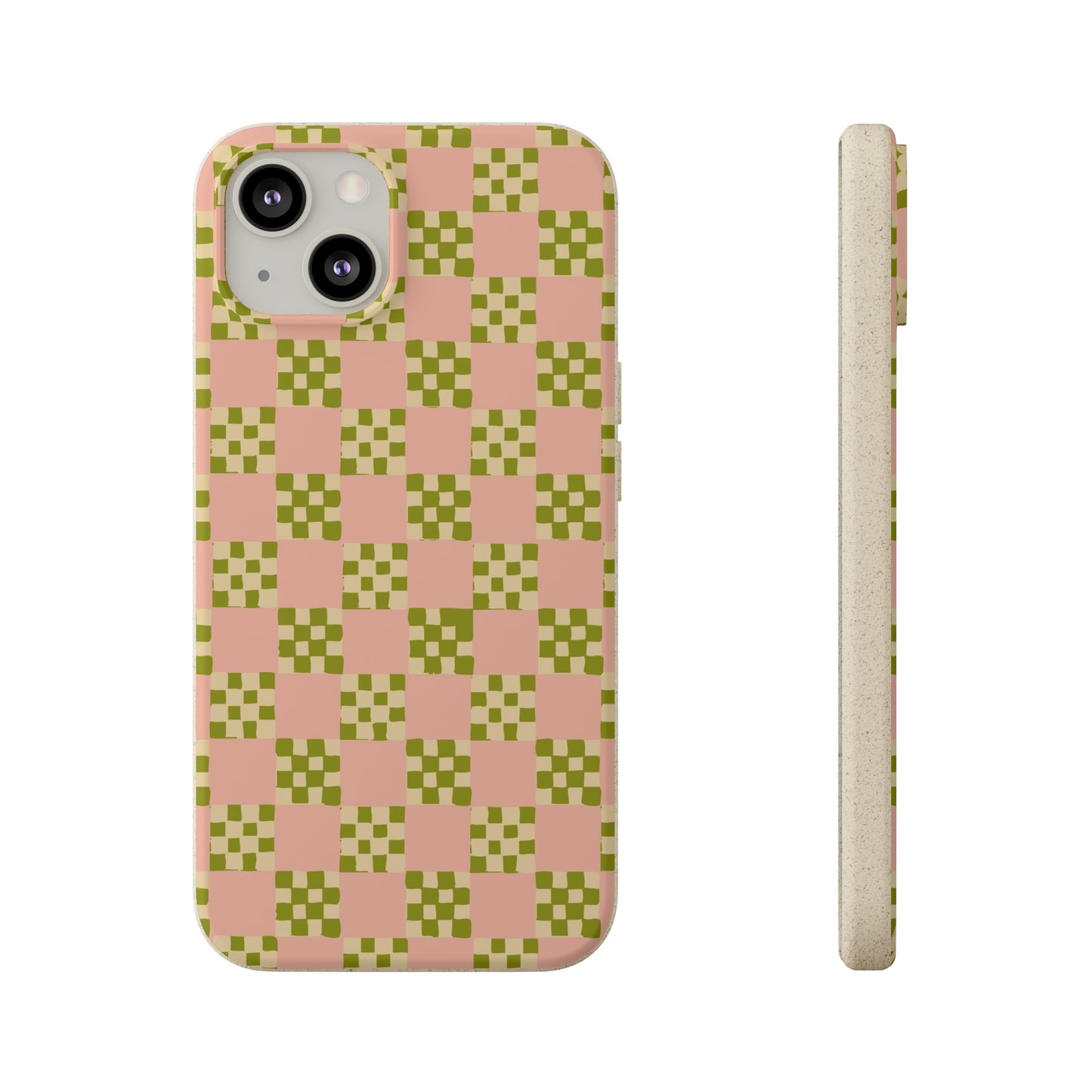 Checkered Quilt Biodegradable Phone Case, pink, olive green and light yellow