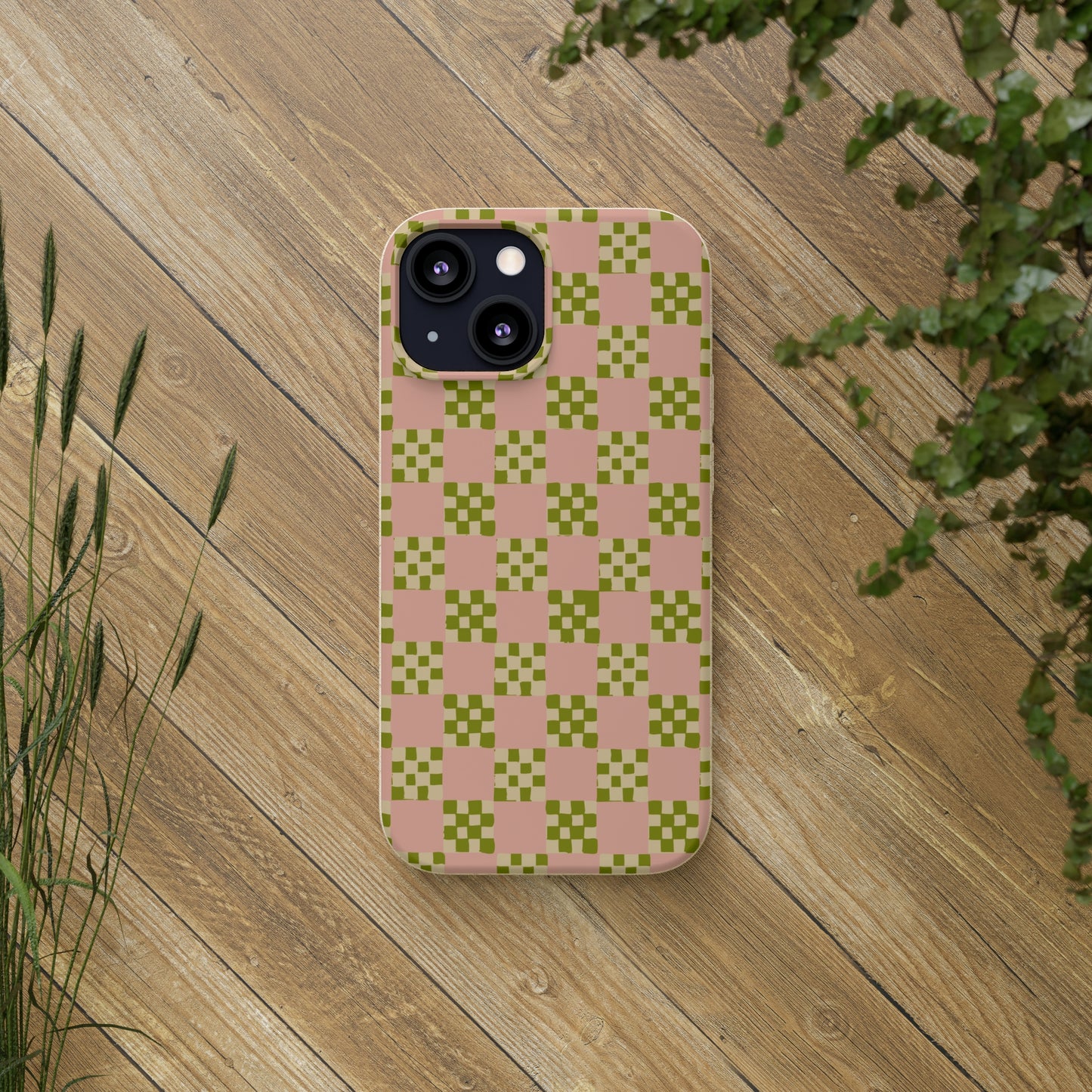 Checkered Quilt Biodegradable Phone Case, pink, olive green and light yellow