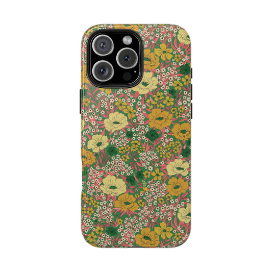 Wildflower Meadow Retro Vintage Floral Tough Phone Case Protection - Green, Personalizable
