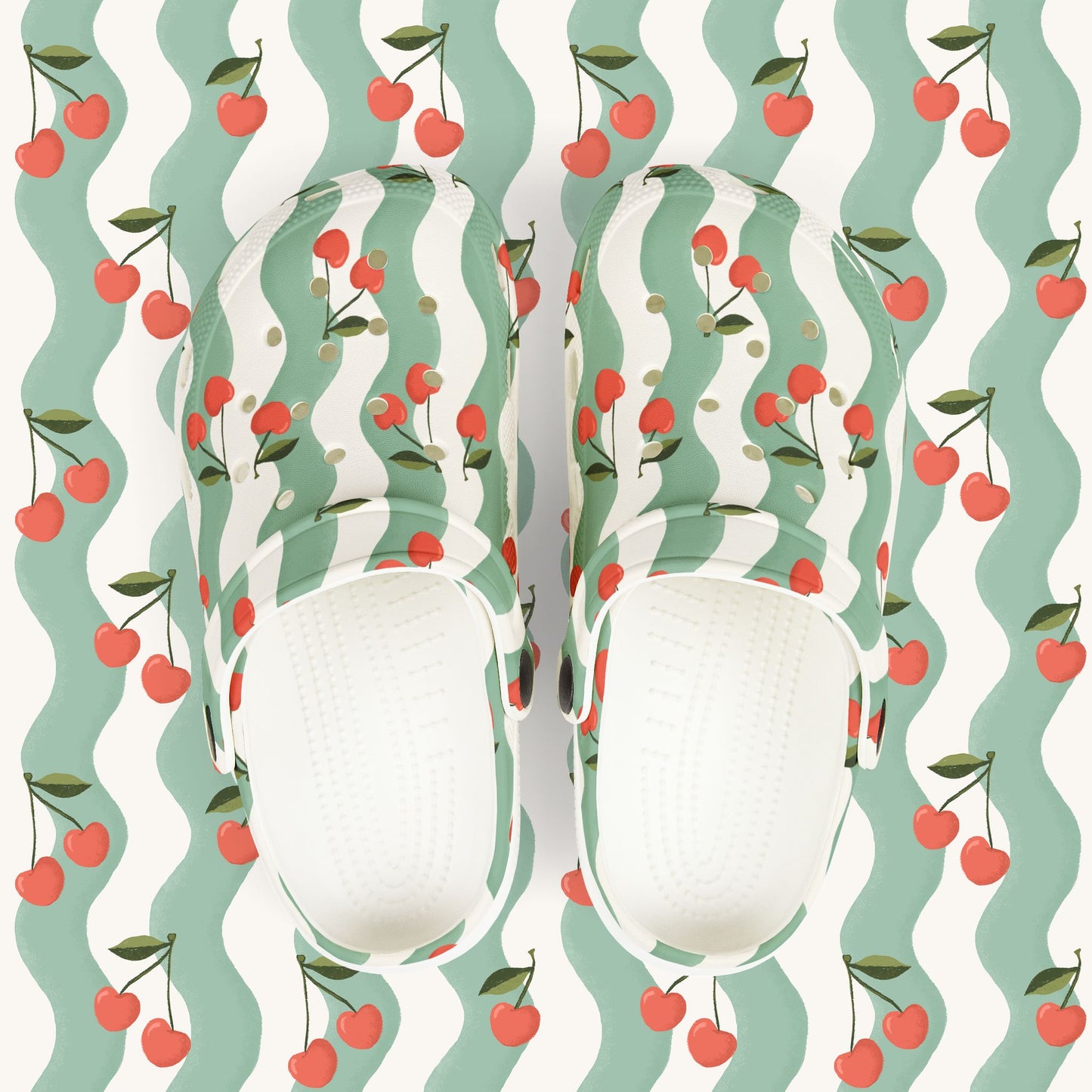 Wavy Cherry Kid's EVA Foam Clogs — White & Teal Patterned EVA Slip-Ons