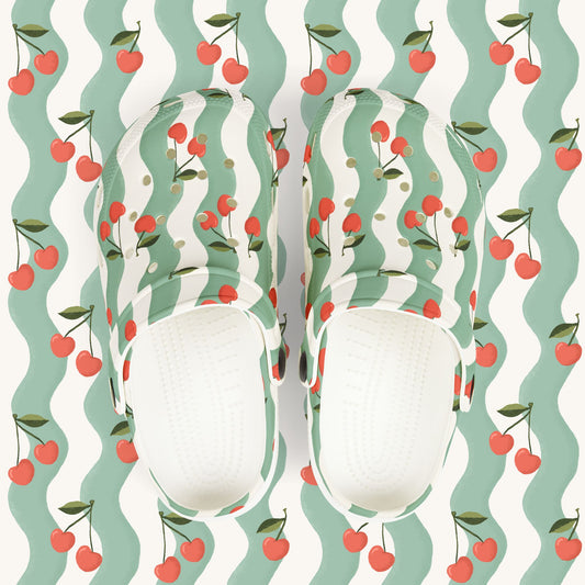 Wavy Cherry Kid's EVA Foam Clogs — White & Teal Patterned EVA Slip-Ons