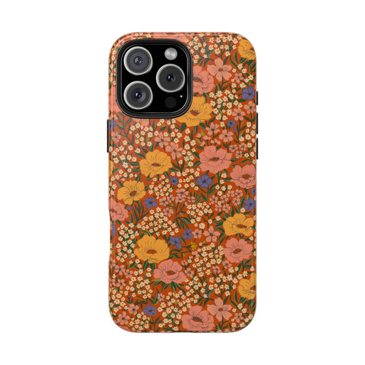 Wildflower Meadow Retro Vintage Floral Tough Phone Case Protection - Poppy Red, Personalizable