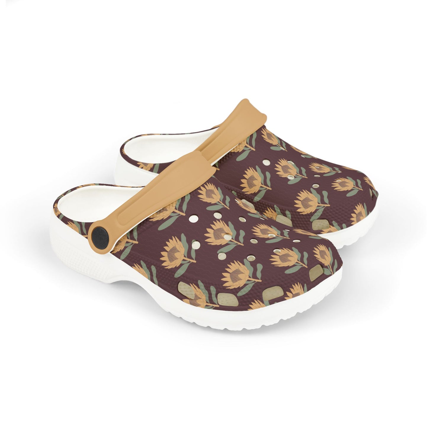 King Protea Floral Kid's EVA Foam Clogs — Dark Plum and Butter Yellow All-Over Print Slip-on Shoes