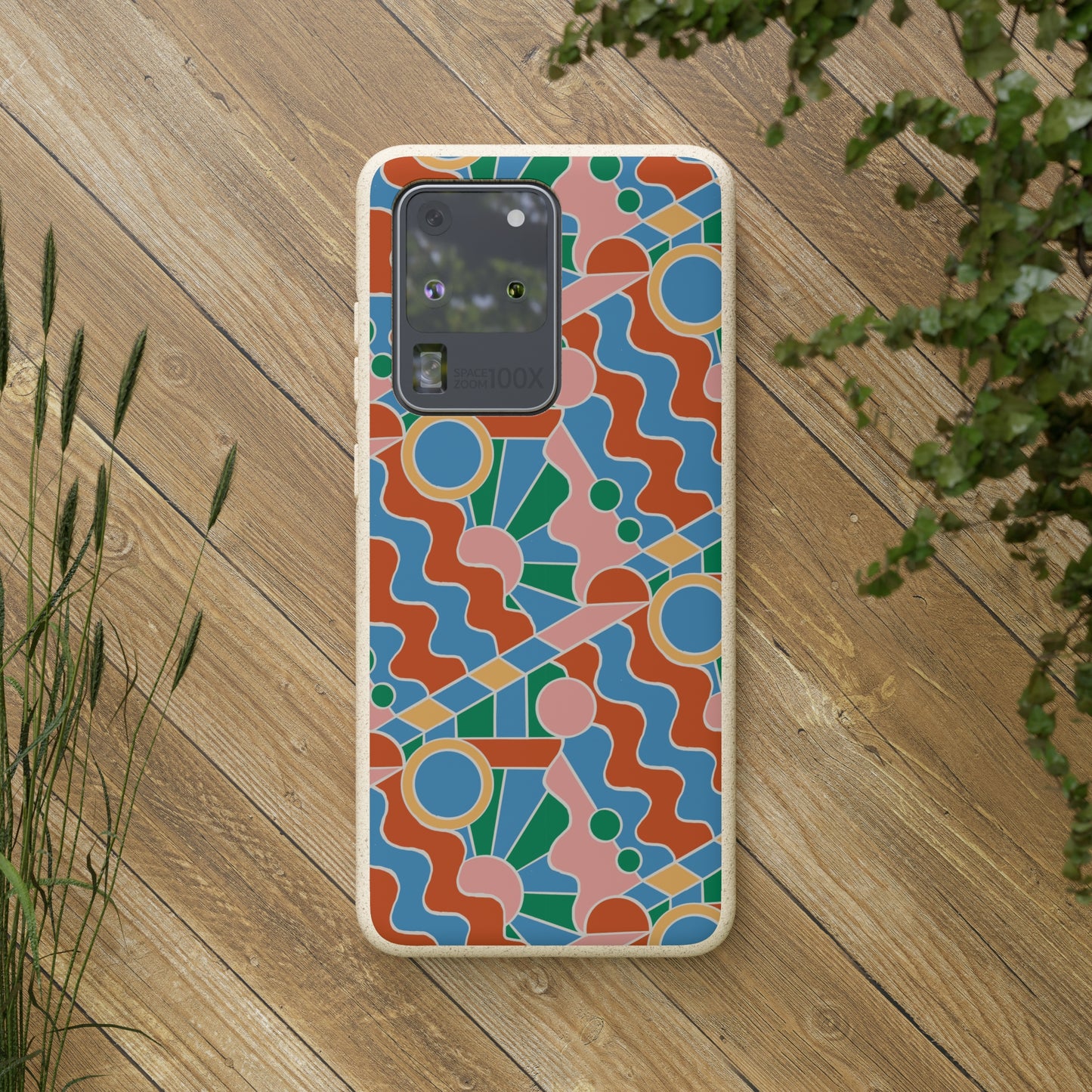 Day Trippin' Biodegradable Phone Case, blue, green, pink and brick red