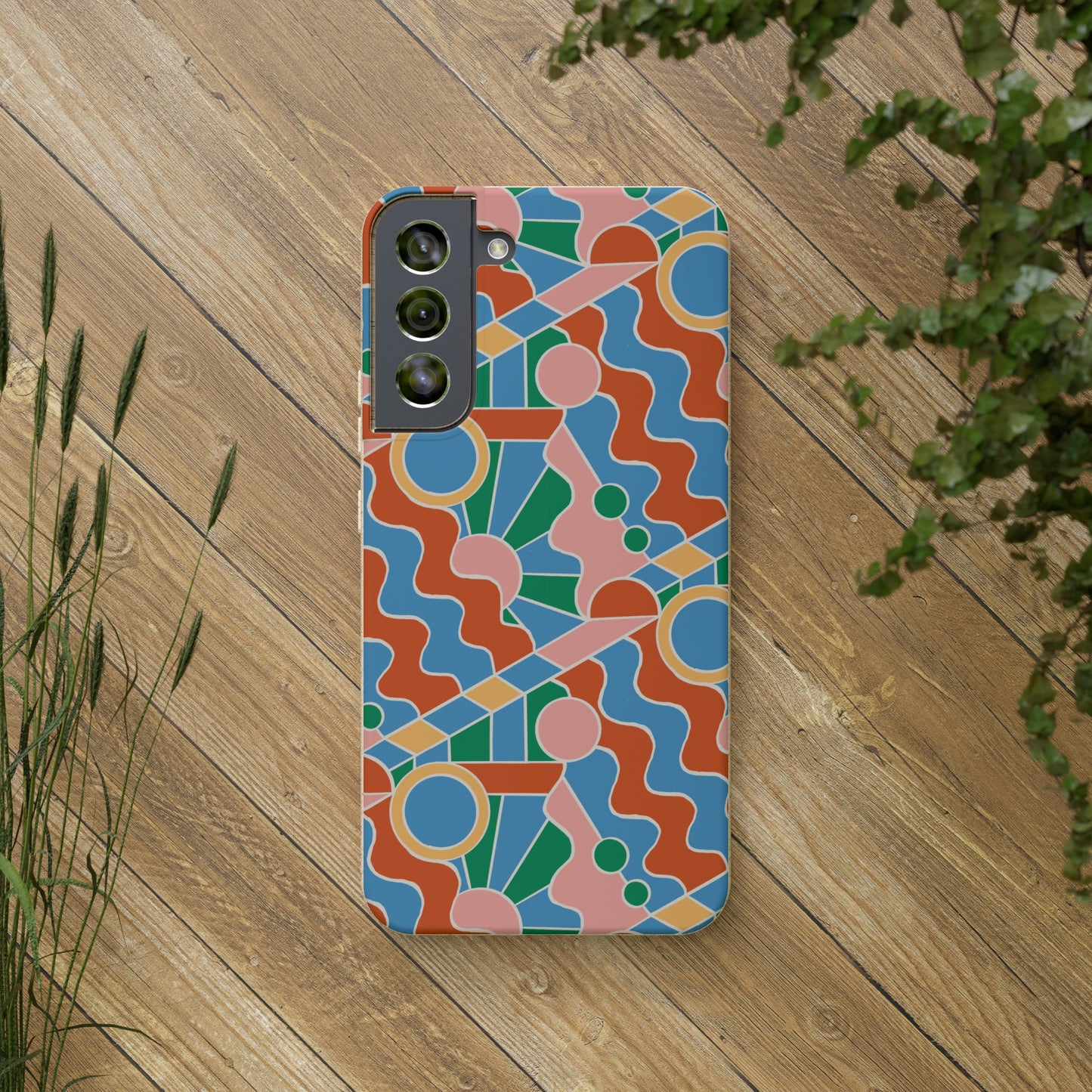 Day Trippin' Biodegradable Phone Case, blue, green, pink and brick red