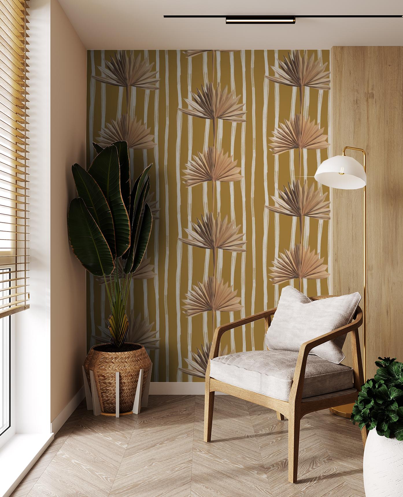 Stripey Palm Wallpaper, mustard