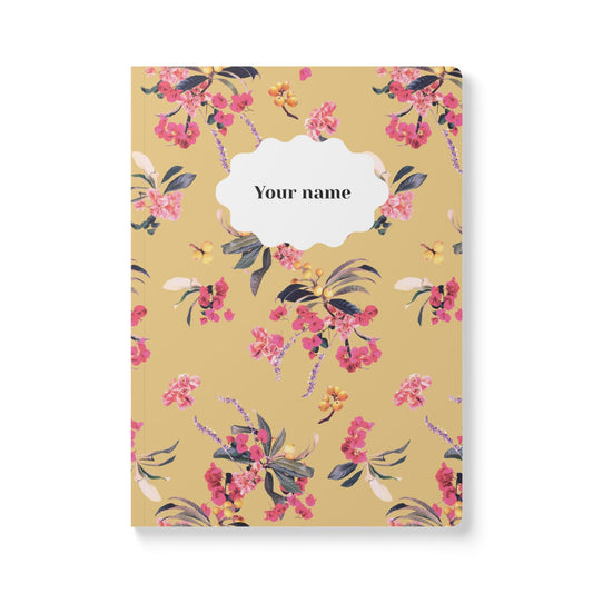 Floral Loquat Softcover Personalized Journal, peach, yellow (add your name)