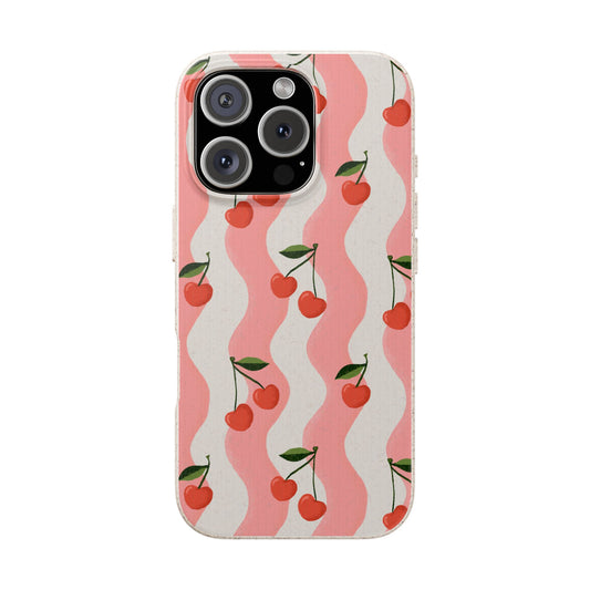 Wavy Cherry Phone Case - white and pink - Eco-Friendly, Biodegradable