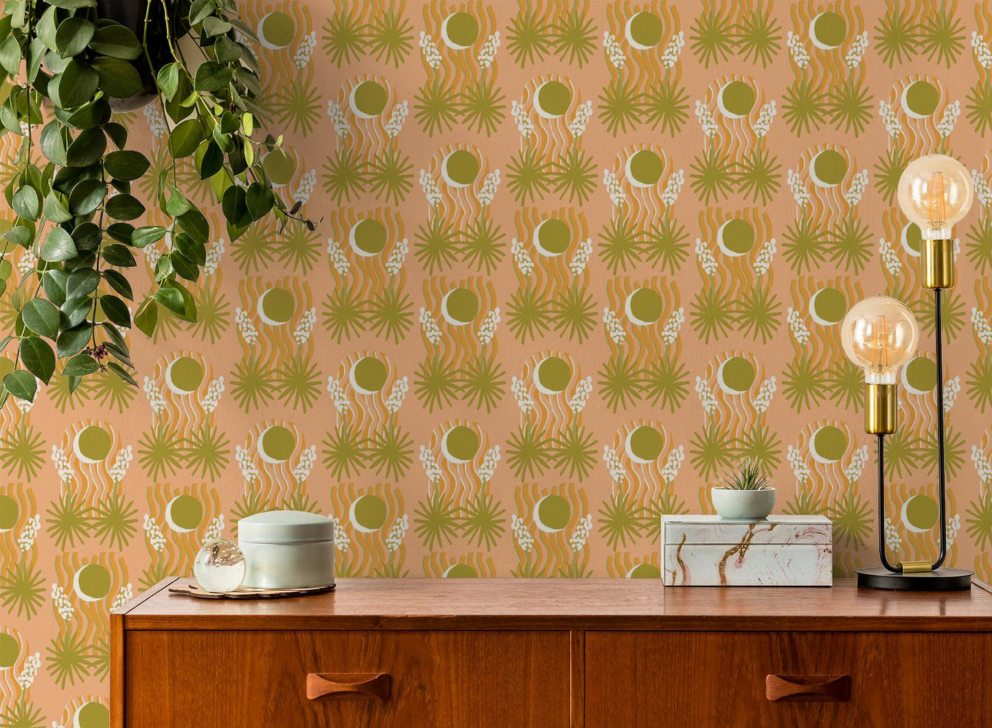 Yucca Moon Wallpaper, peach & green