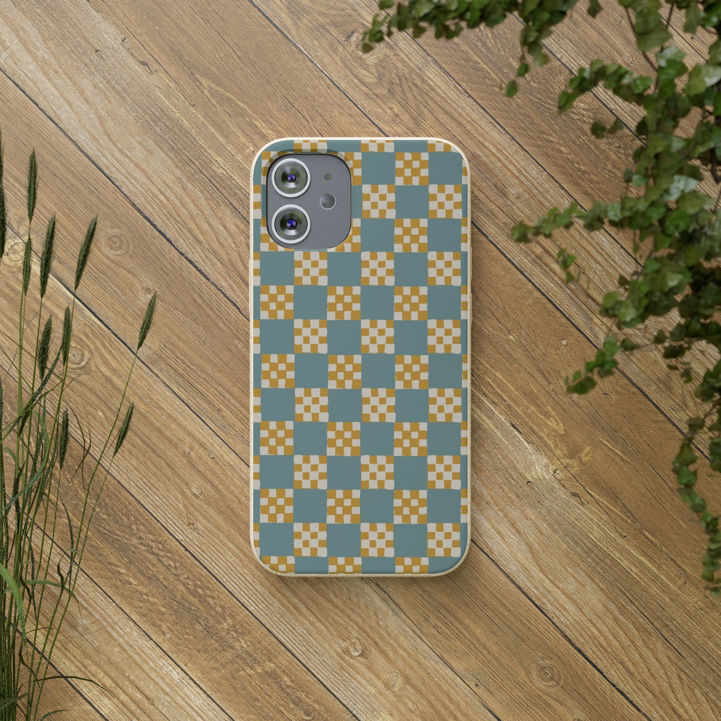 Checkered Quilt Biodegradable Phone Case, light blue and yellow