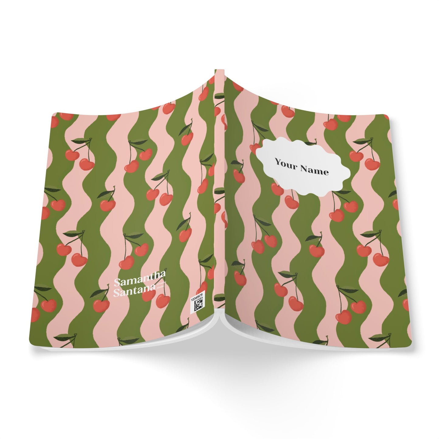 Wavy Cherry Softcover Personalized Journal, pink & olive green (add your name)