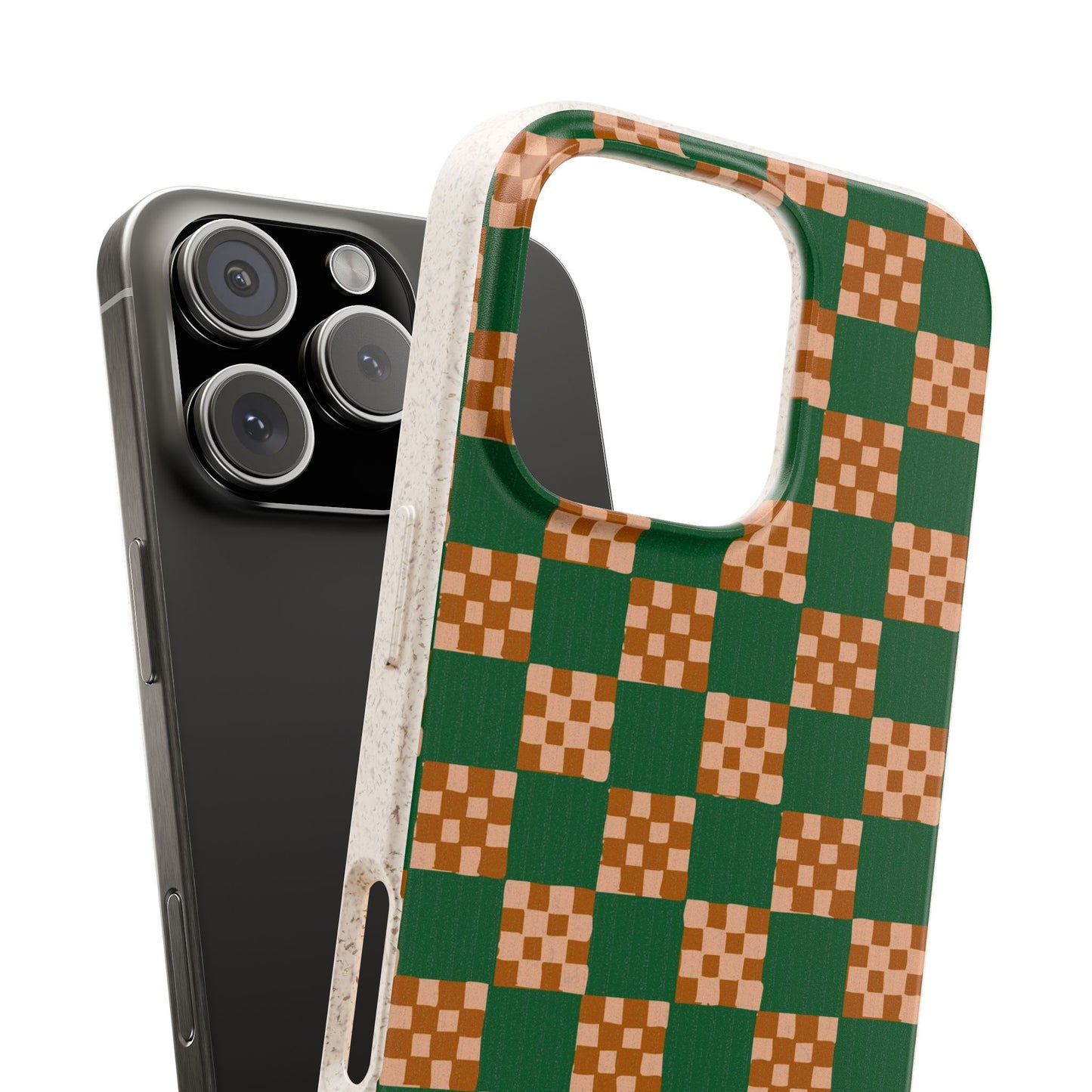 Checkered Quilt Phone Case - green, peach and toffee - Eco-Friendly, Biodegradable