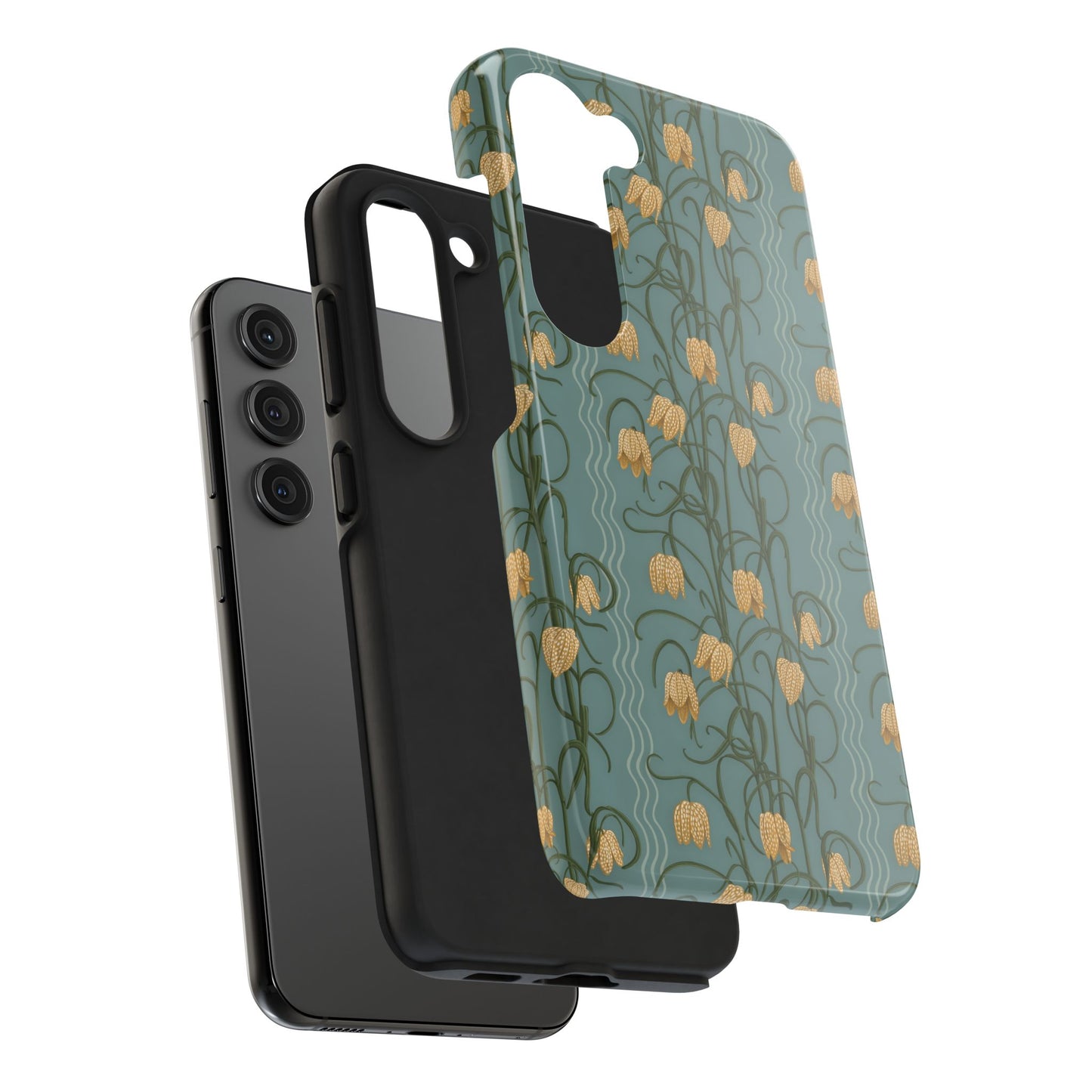 Campanas Floral Tough Phone Case — Dusty Blue and Marigold Wildflower Protective Cover, Personalizable