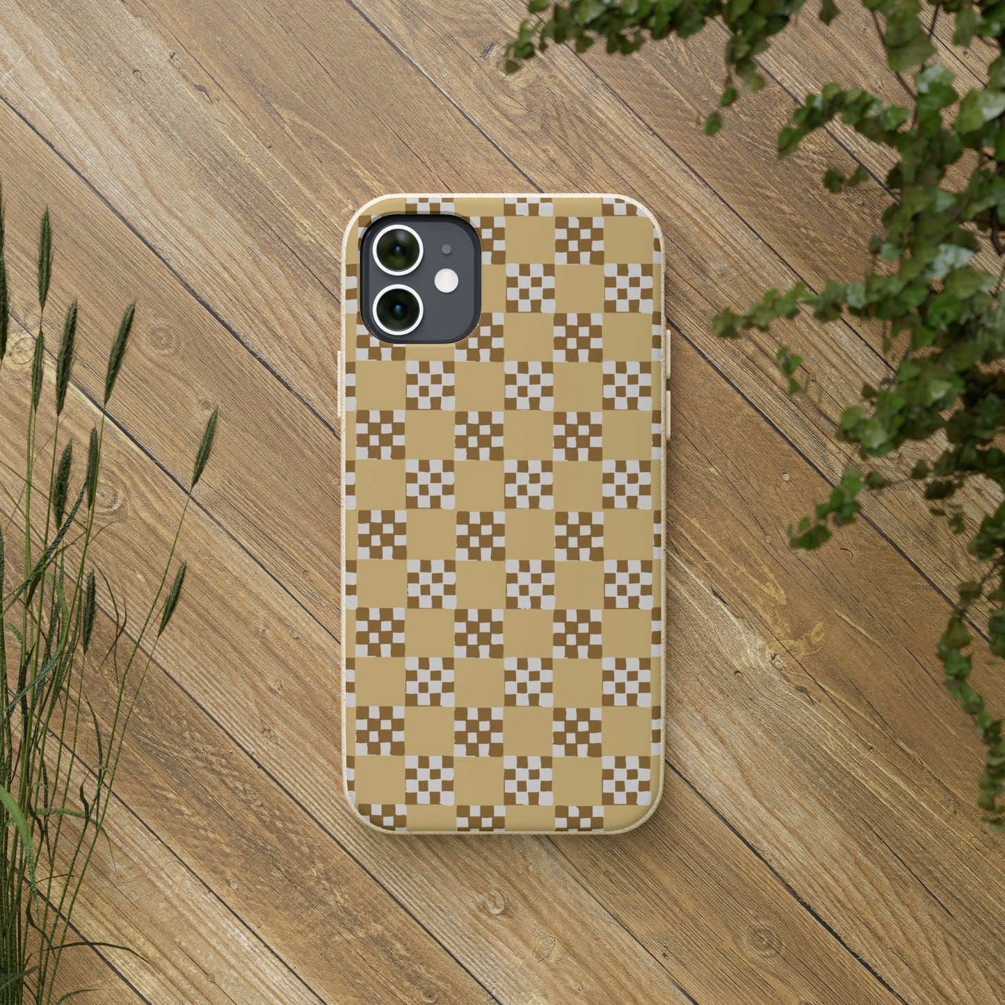 Checkered Quilt Biodegradable Phone Case, butter yellow, white and toffee