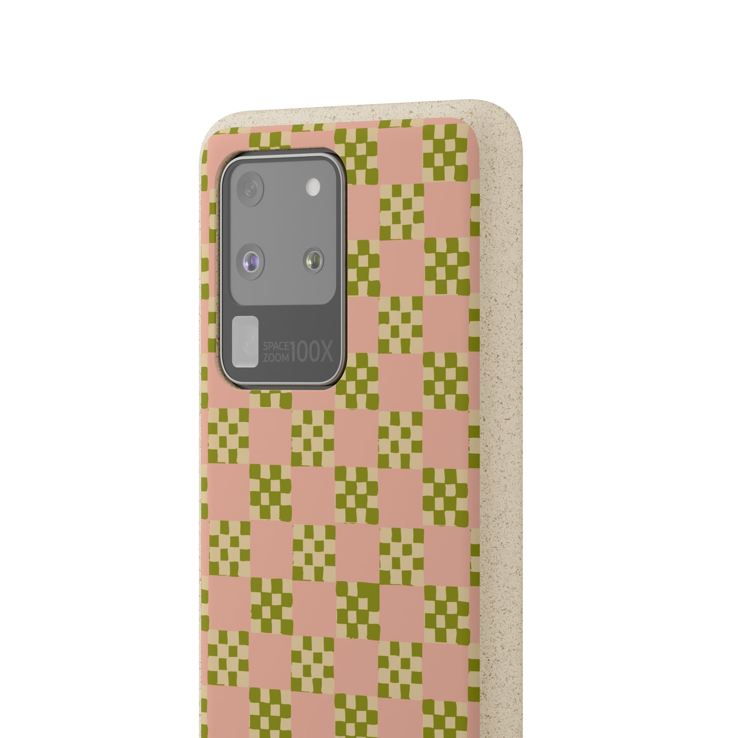 Checkered Quilt Biodegradable Phone Case, pink, olive green and light yellow