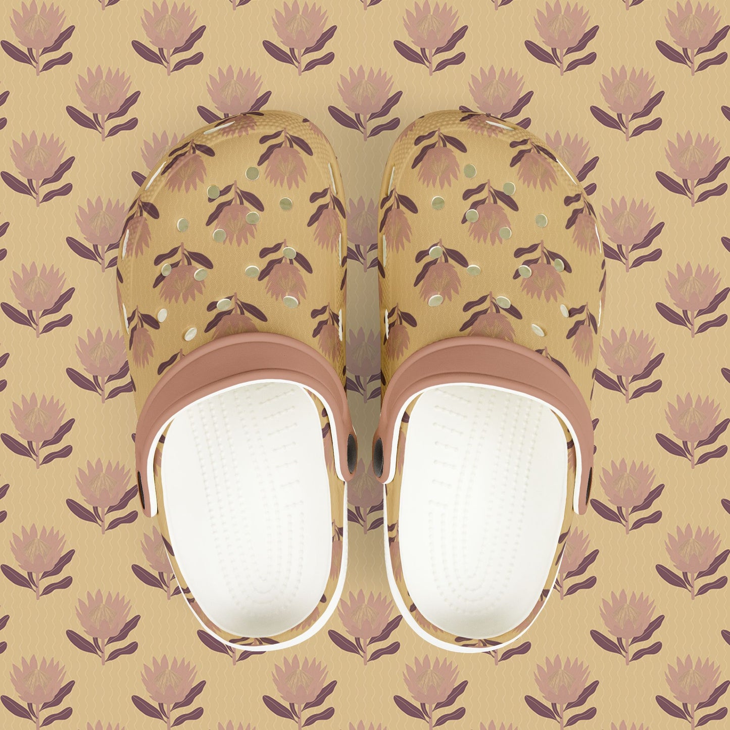 King Protea Floral Kid's EVA Foam Clogs — Butter Yellow and Mauve All-Over Print Slip-on Shoes