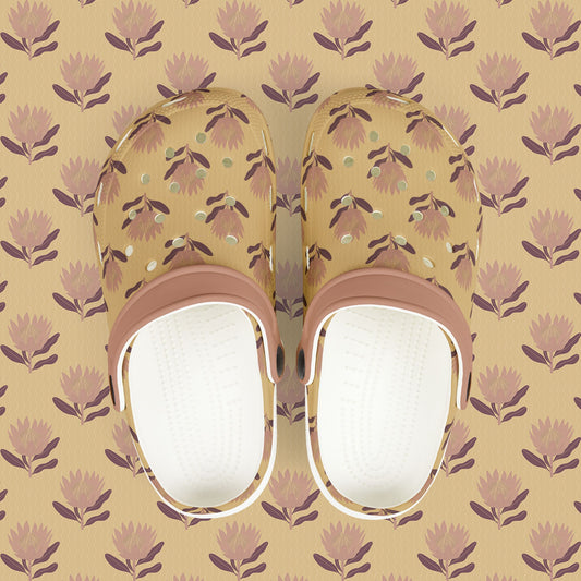 King Protea Floral Kid's EVA Foam Clogs — Butter Yellow and Mauve All-Over Print Slip-on Shoes