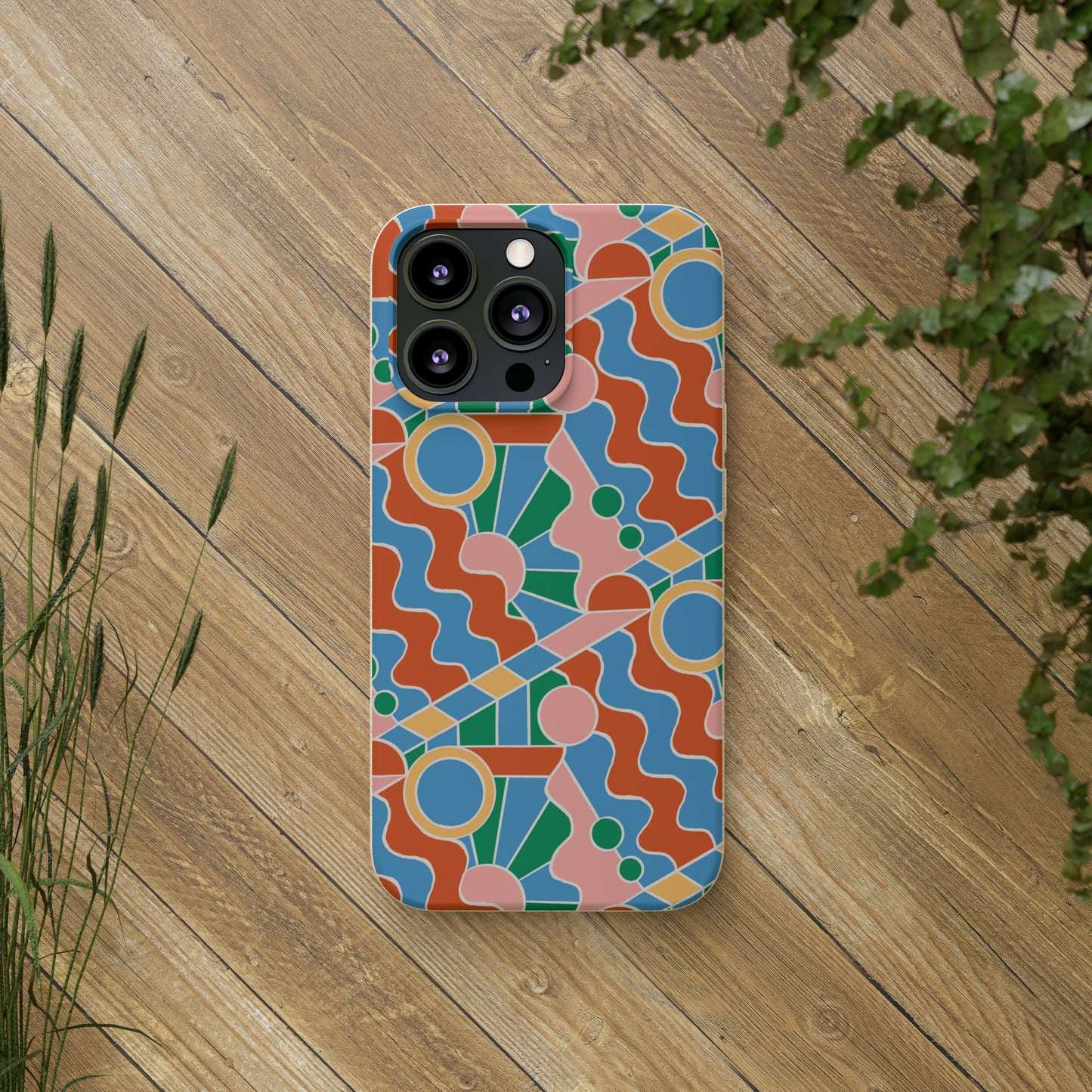 Day Trippin' Biodegradable Phone Case, blue, green, pink and brick red