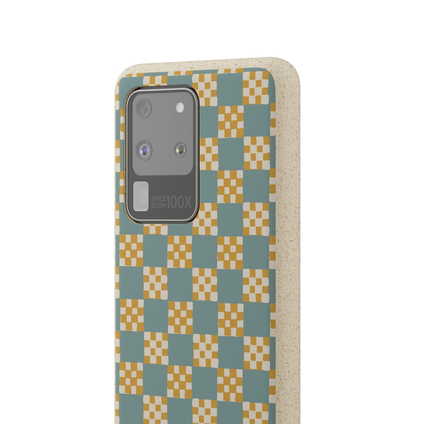 Checkered Quilt Biodegradable Phone Case, light blue and yellow