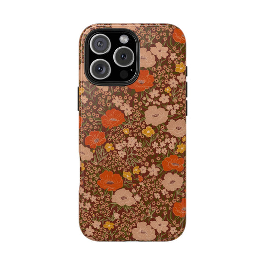 Wildflower Meadow Retro Vintage Floral Tough Phone Case Protection - Dark Siena, Personalizable