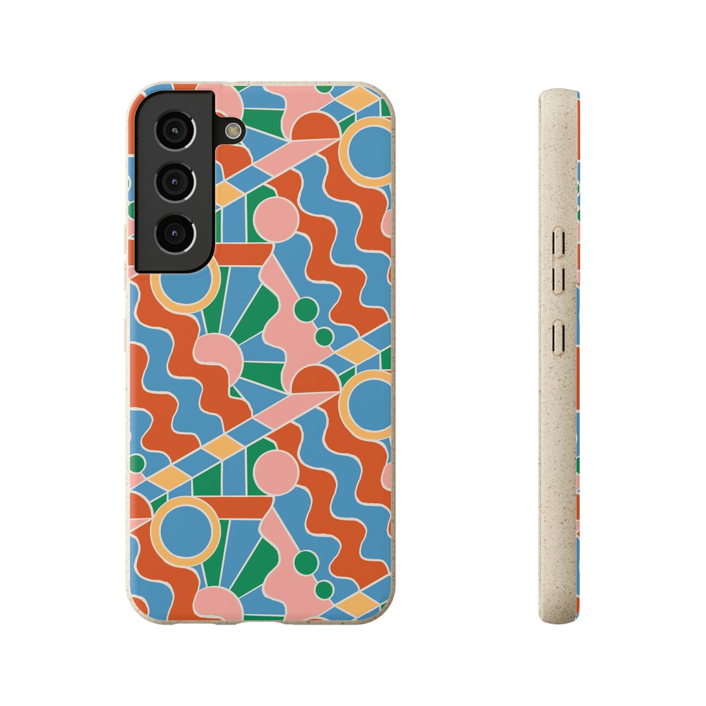 Day Trippin' Biodegradable Phone Case, blue, green, pink and brick red