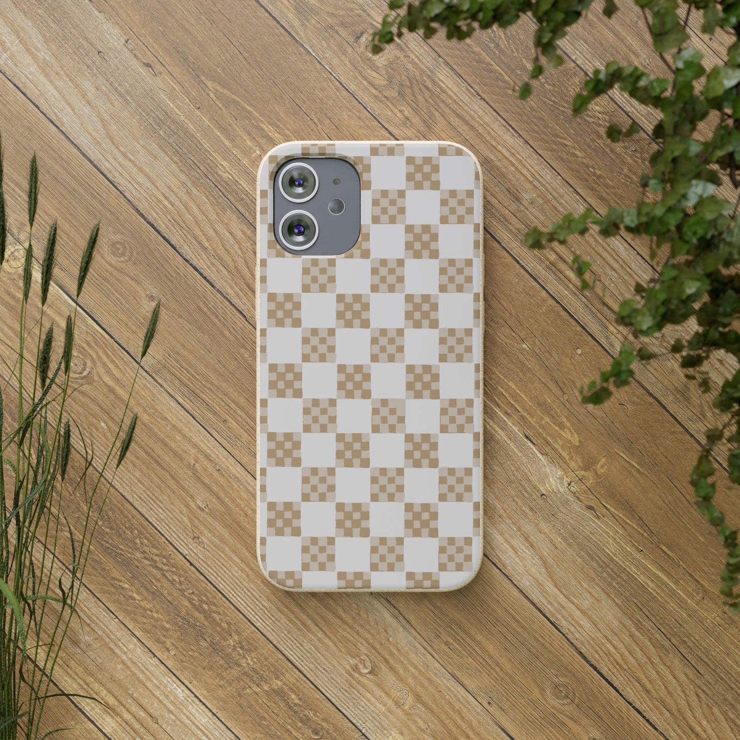 Checkered Quilt Biodegradable Phone Case, tan and white